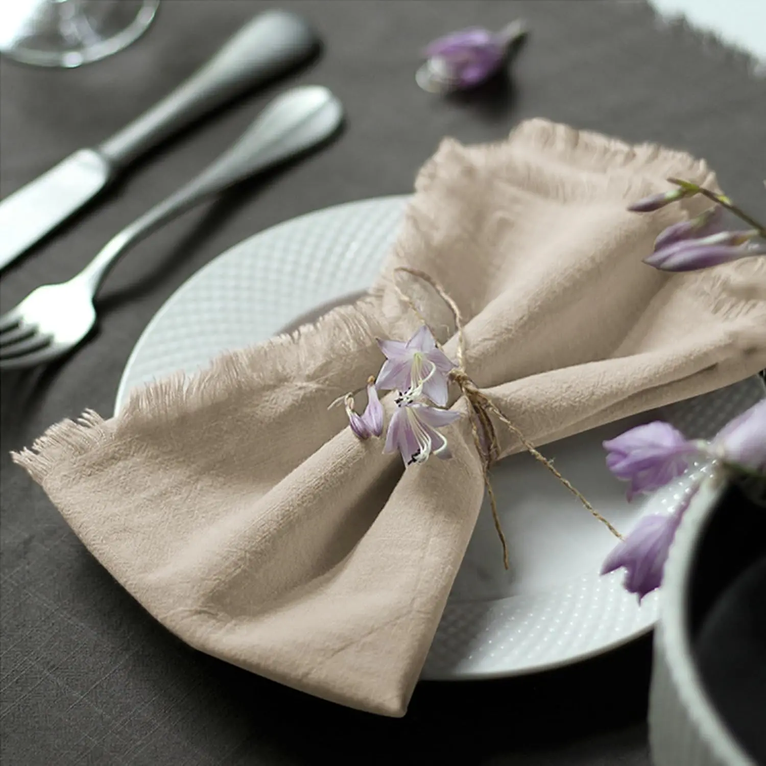 Handmade Cloth Napkins 100% Cotton Napkins with Fringe, Delicate Handmade Cloth Napkins for Dinners, Parties, Weddings and More, 18 x 18 Inch Set of 4 - Beige