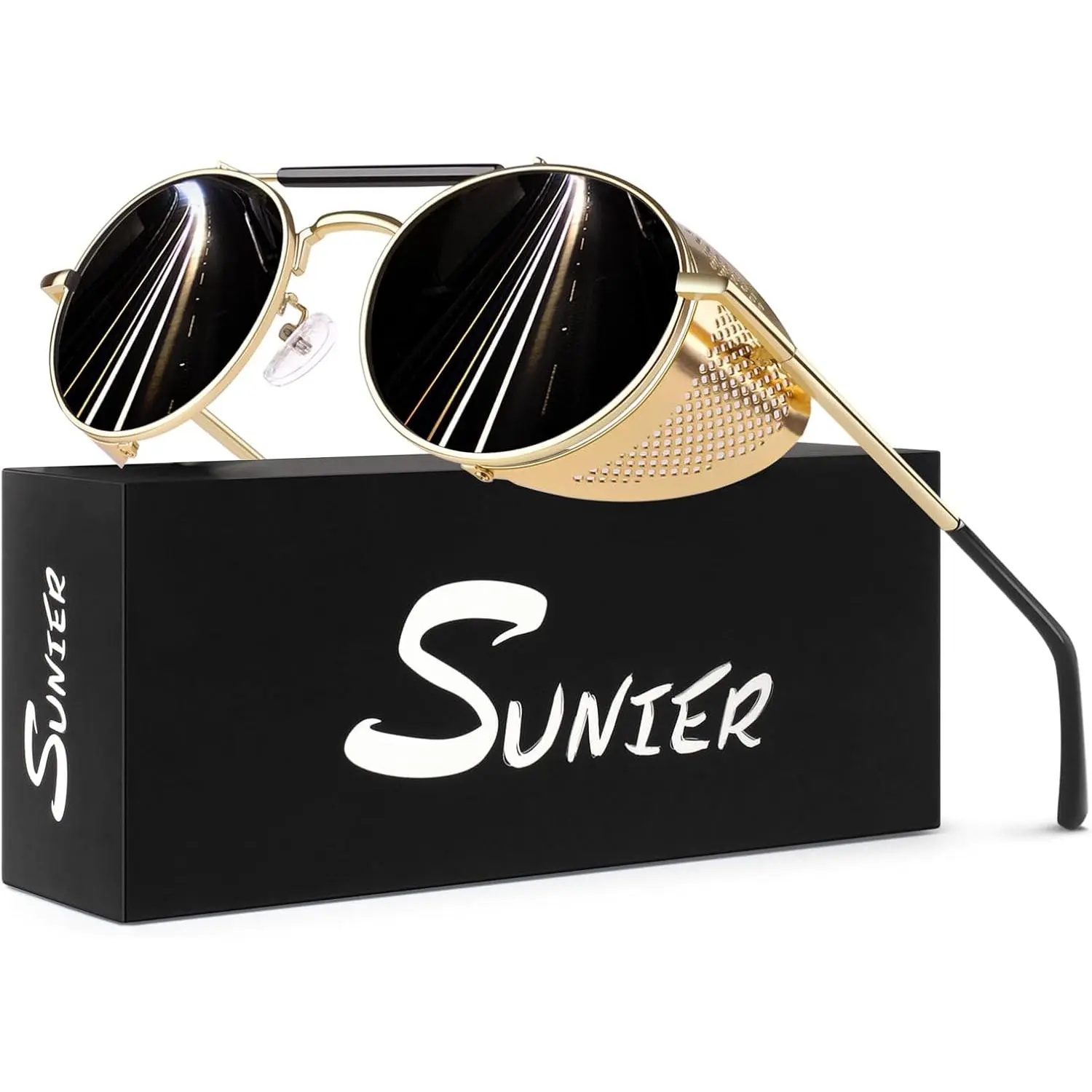 Retro Round Polarized Steampunk Sunglasses Men Women Side Shield Goggles Gothic S92- POLARIZED