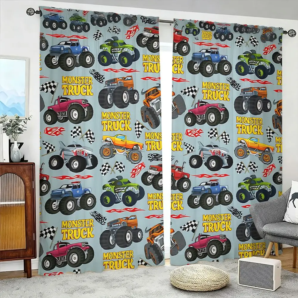 Monster Truck Print Curtains, Vibrant Digital Printed Bedroom Window Drapes for Kids, Fade-Resistant Soft Fabric, Rod-Pocket Design, Easy Care Machine Washable, Perfect Decorative Curtain Panels for Boys Room or Playroom