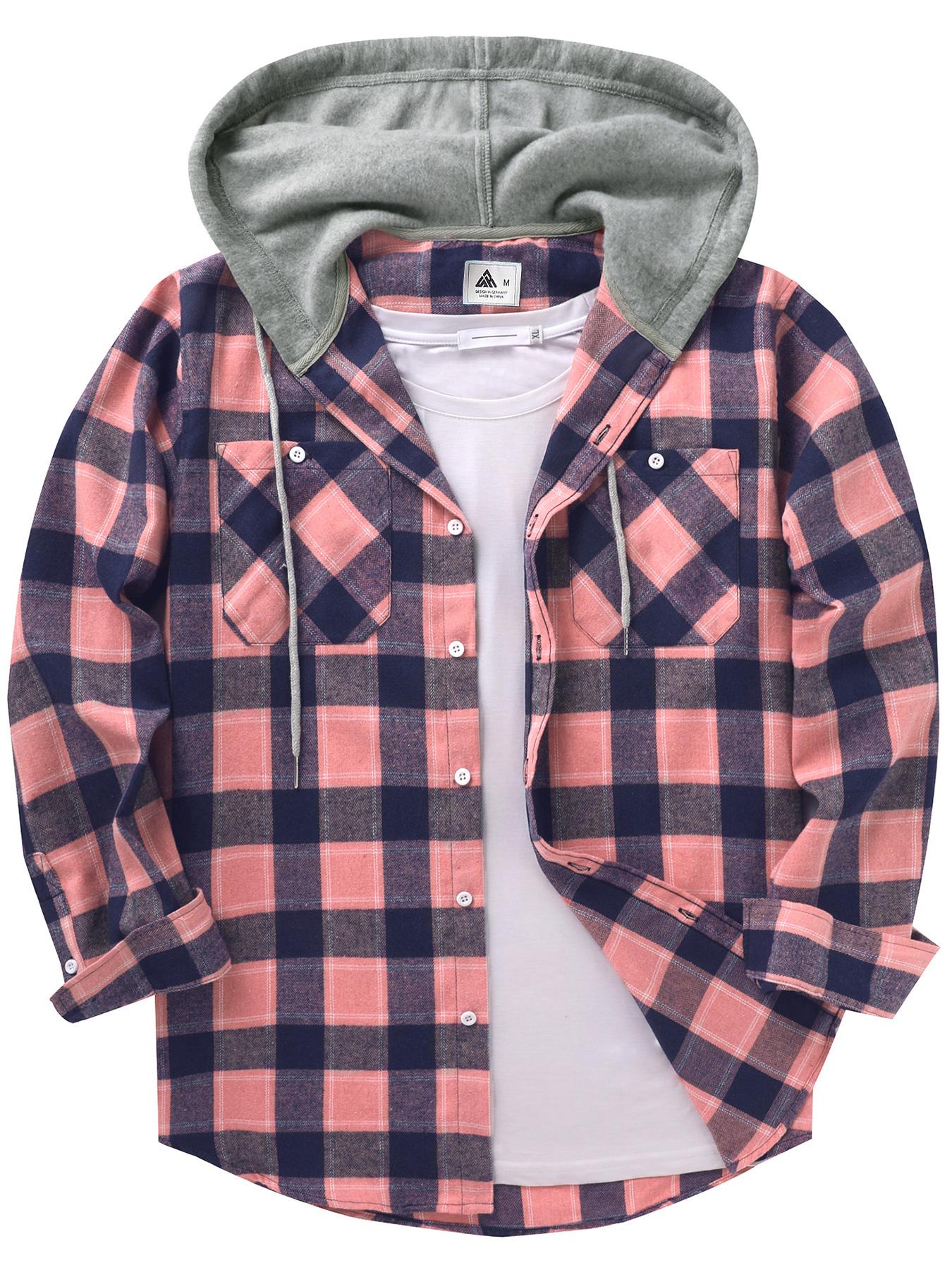 Men's Plaid Button-Front Drawstring Hooded Shirt, Regular Fit Casual Long-Sleeve Outerwear with Pockets for Spring and Fall, Men's Clothes for Daily Wear