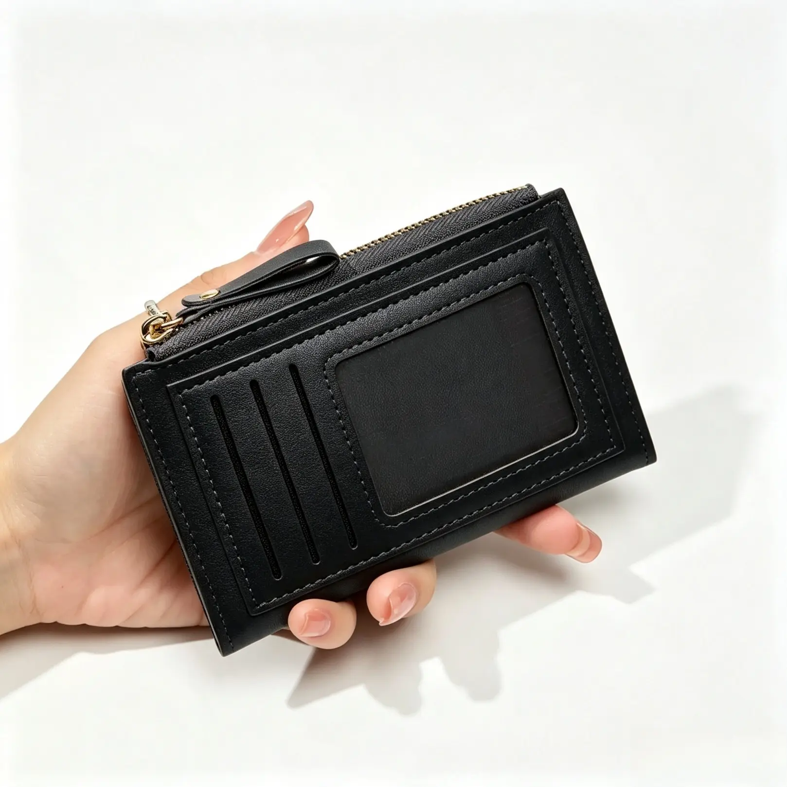 Women's Solid Color Faux Leather Zipper Card Wallet - Slim Multi-Card Slot Design with ID Window, Portable Daily Purse for Shopping Travel, Holiday Gift for Her