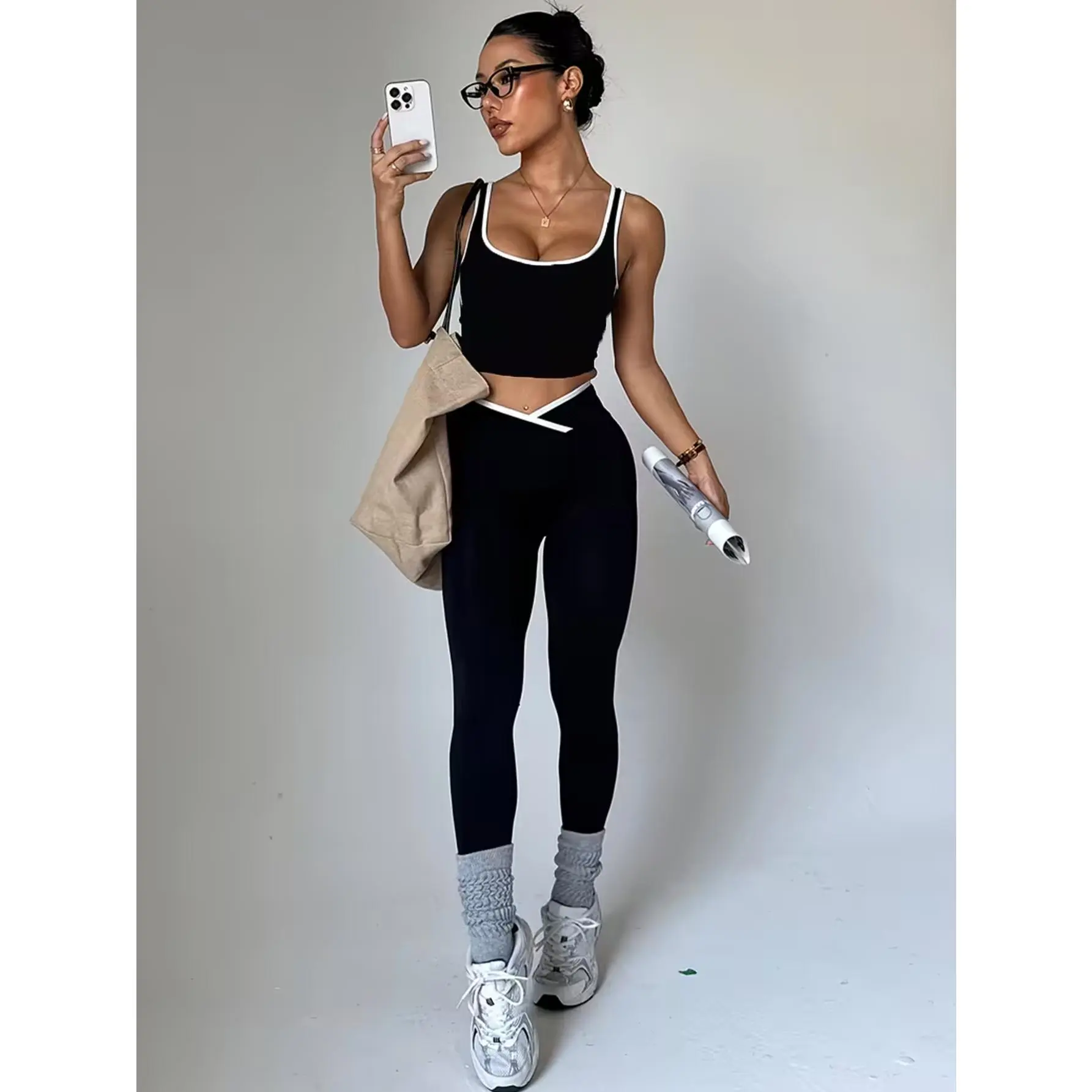 2 Piece Women Quick Dry Workout Yoga Outfit, Slim Crop Tank Top & Criss Cross High Waist Leggings Set, Seamless Stretch Tummy Control Butt Lifting Activewear for Gym Running Daily Wear