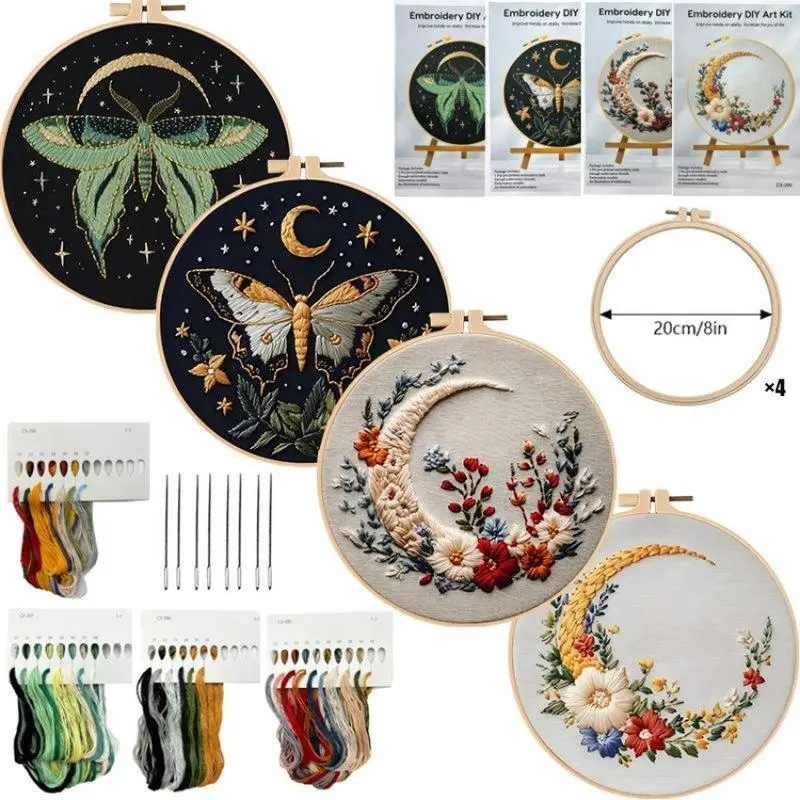 Beginner Embroidery Kit - Elegant Butterfly Moon Mixed Textile Cross Stitch Set with Printed Cotton Fabric, Thread Kits, Needles, Cloth Instruction Manual, Thread Stretch, DIY Crafting Tools for DIY Project Needlework, Diamond Painting Cross Stitch