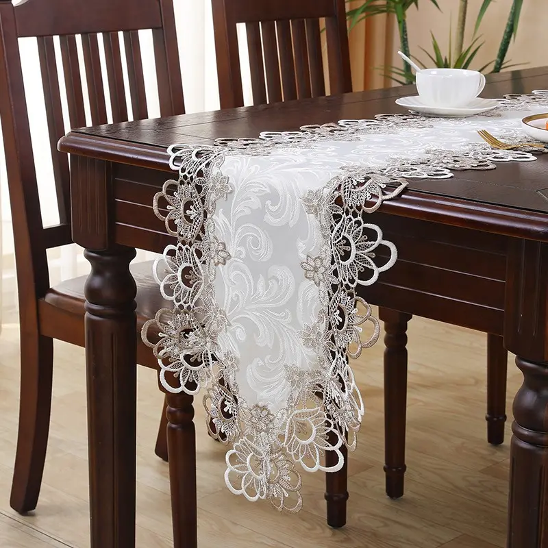 1pc Double Color Water-Soluble Lace Table Runner, Waterproof Polyester Fabric, Dustproof Cabinet Cover, Kitchen Dining Table Mat, Indoor Decoration, Decorative