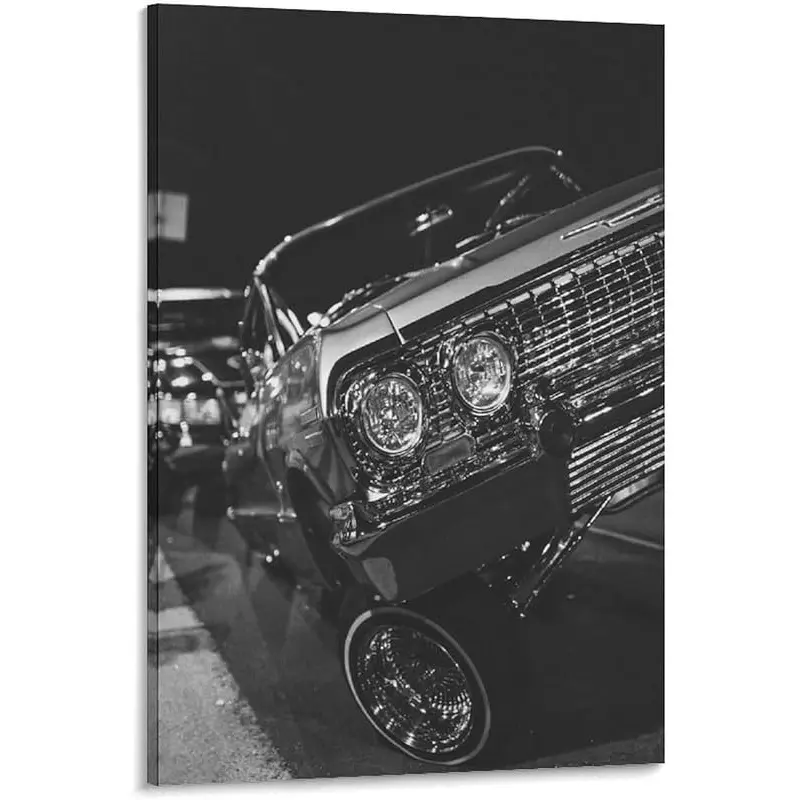 1 Pc Wood‑Framed Canvas Wall Art, 2D Flat Print Wrapped Canvas Art, Cool Vintage Lowrider Black‑White Car Print, Ready To Hang For Bedroom, Living Room And Home Office, Ideal Housewarming Gift For Easter, Valentine’s Day And Carnival