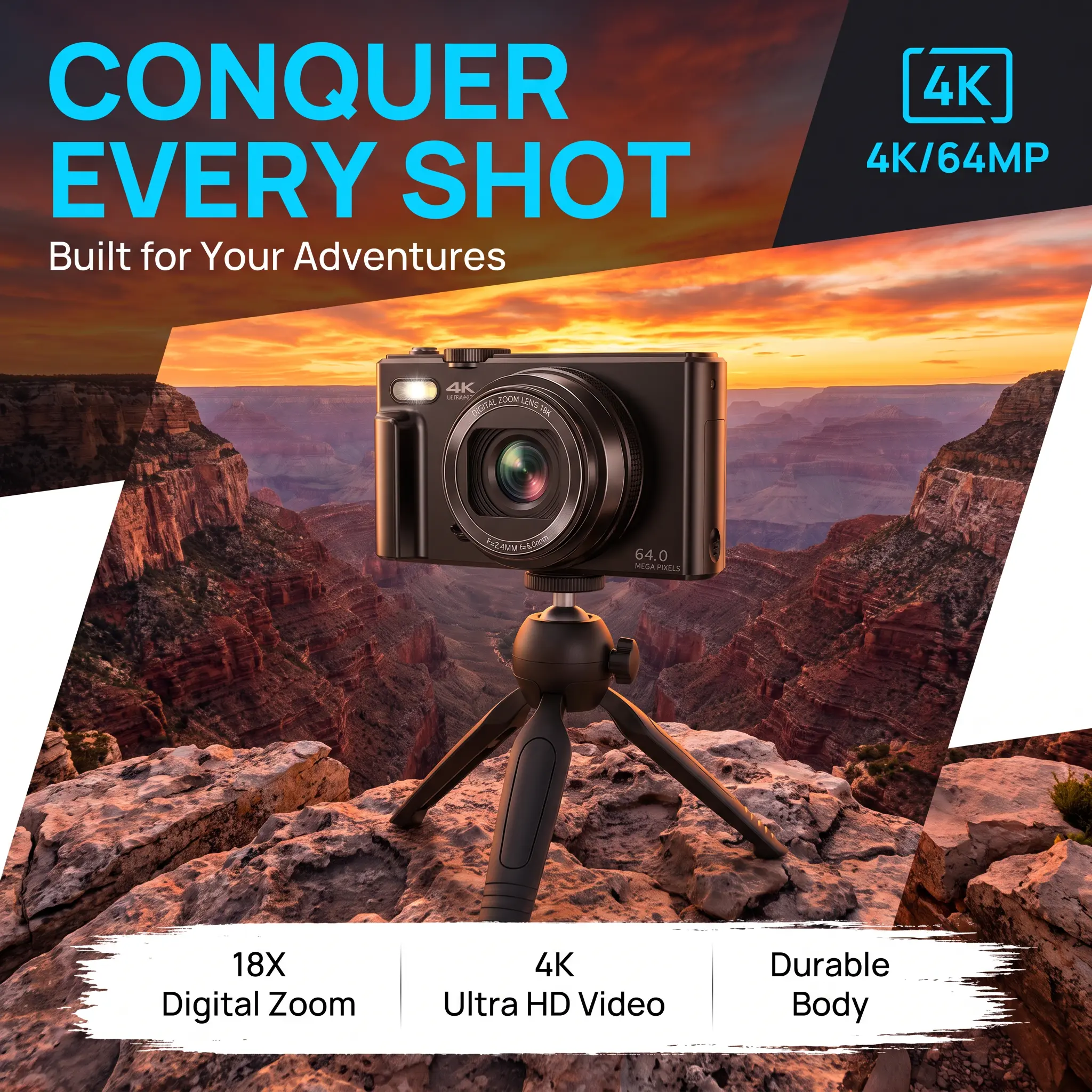 64MP 4K Digital Camera for Photography & Video Recording, 3 Inch 180° Flip Screen Compact Camera with 18X Digital Zoom, Comes with 32GB TF Memory Card & 2 Rechargeable Batteries, Perfect Portable Camera Gift Including Father's Day Presents