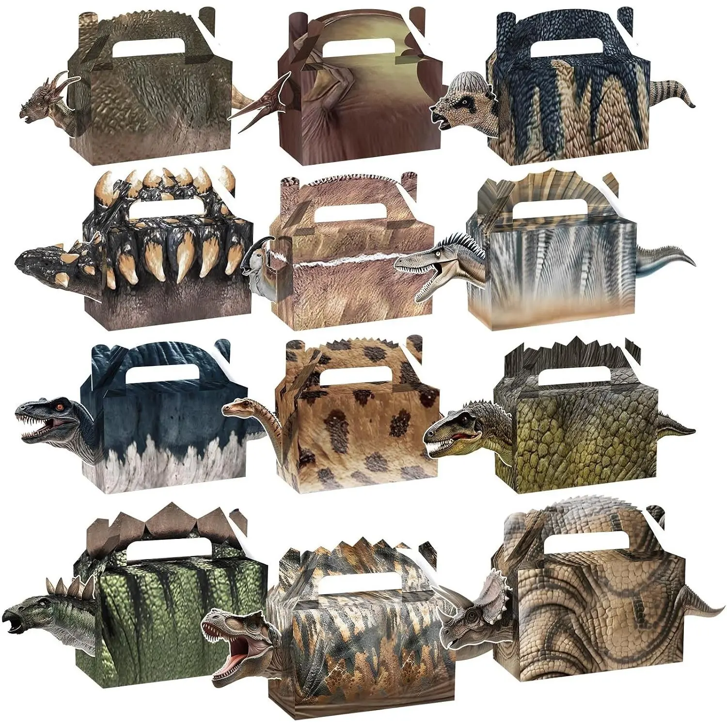 24PCS Reusable Heterotype Paper Party Box with Handle - Dino Theme Supplies for Kids' Birthday, Dinosaur Park World Events (Serves 24 Guests, Treat Bags & Decorations)