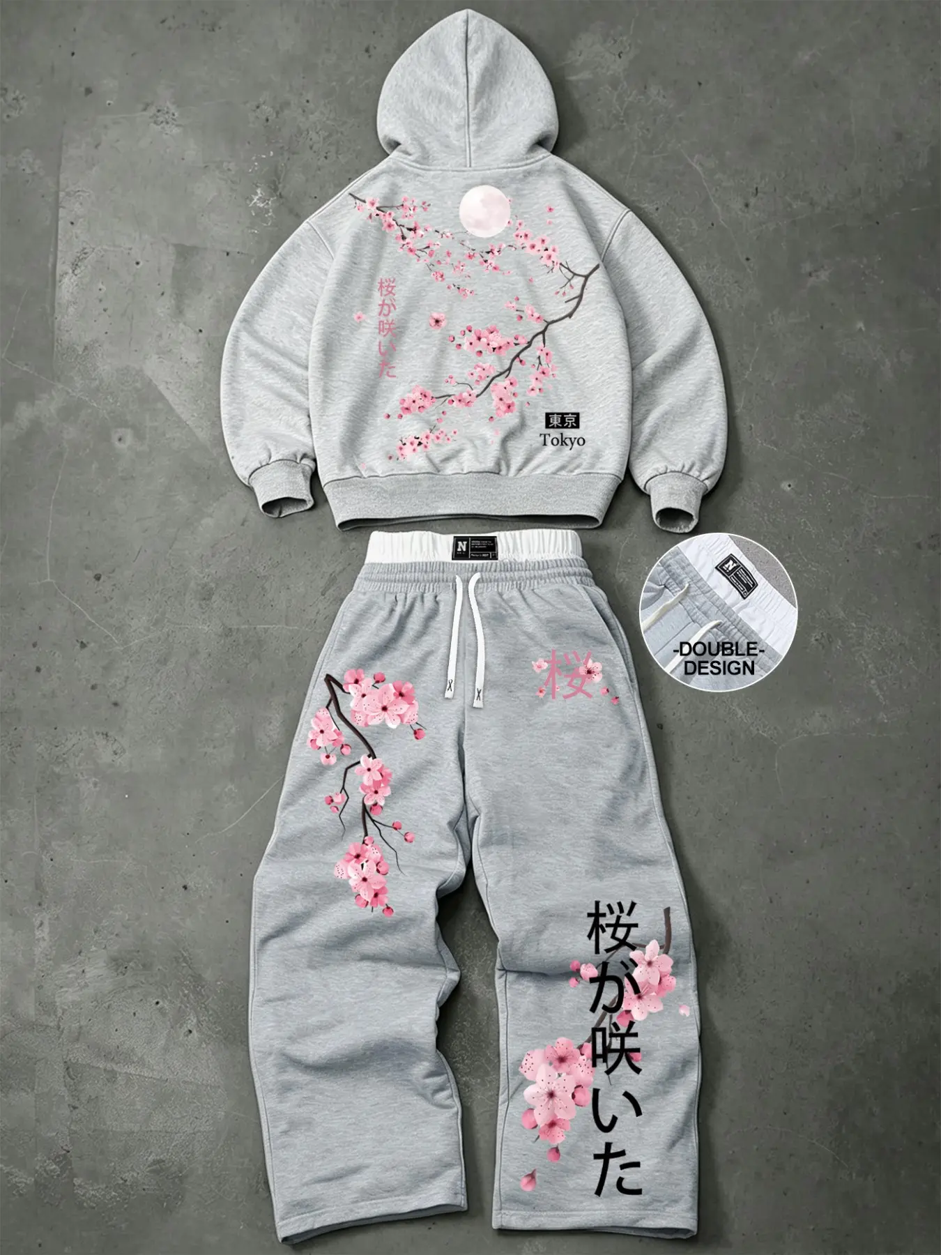 Cherry Blossom & Moon Graphic Pullover Hoodie and Sweatpants Set Double Waistband Casual Loose Fit Fall Tracksuit