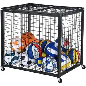 【DealsForYouDays】VEVOR Rolling Sports Ball Storage Cart, Basketball Cage with Double Lids, Sport Equipment Holder Organizer for Indoor Outdoor, Steel Storage Rack for Garages, Playgroup, Gym and Schools