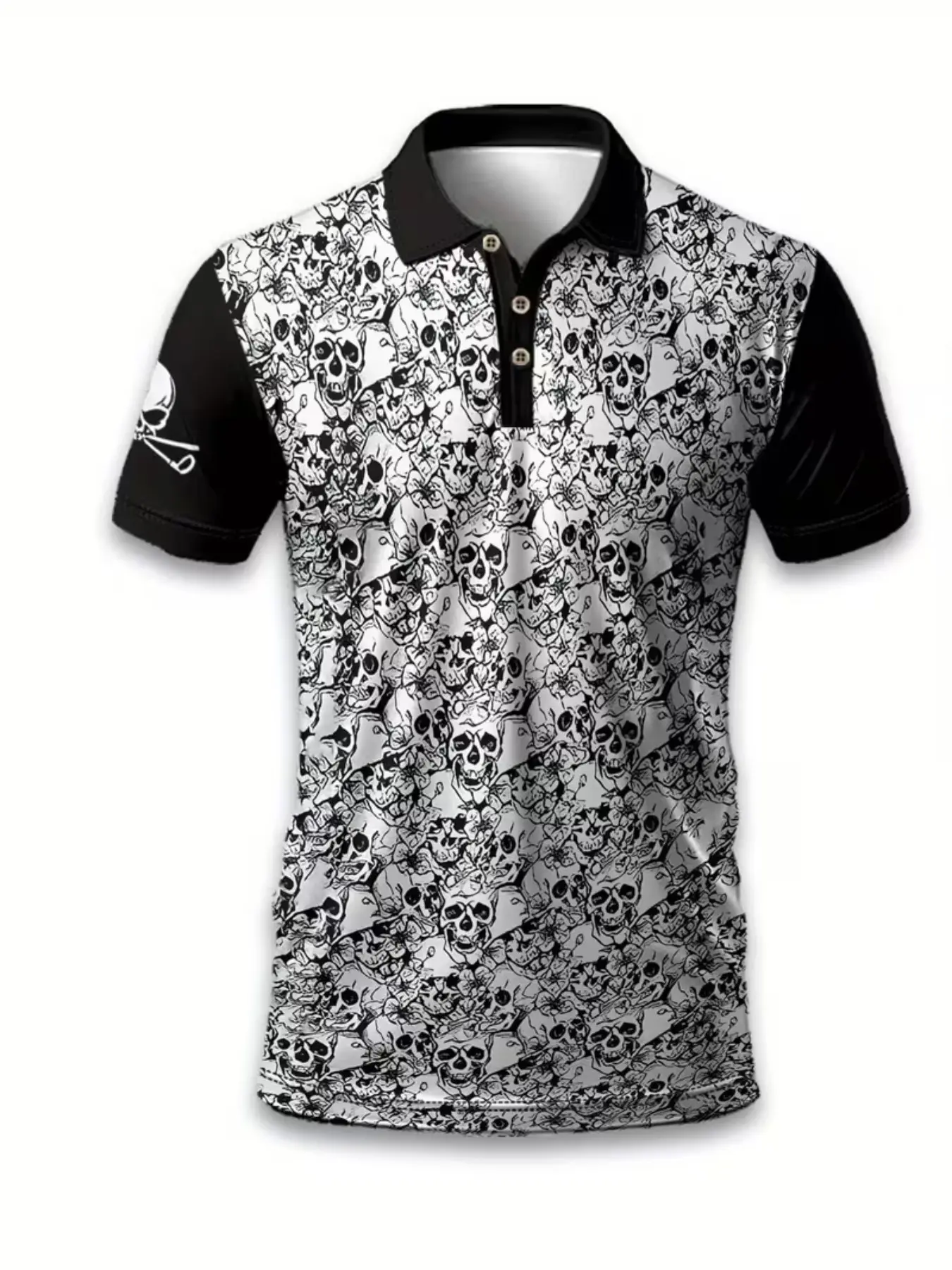 Men's Short Sleeve Polo Shirt, Gothic Skull Print, All-Over Design, Breathable, Casual & Formal, All Seasons