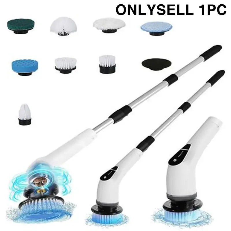 Electric Rotating Brush Head Cleaner, 8 Brushes, 5 Speeds Adjustable, Extendable Handle, Multi-Surface Cleaning Tool for Bathroom, Kitchen, Car, Floor