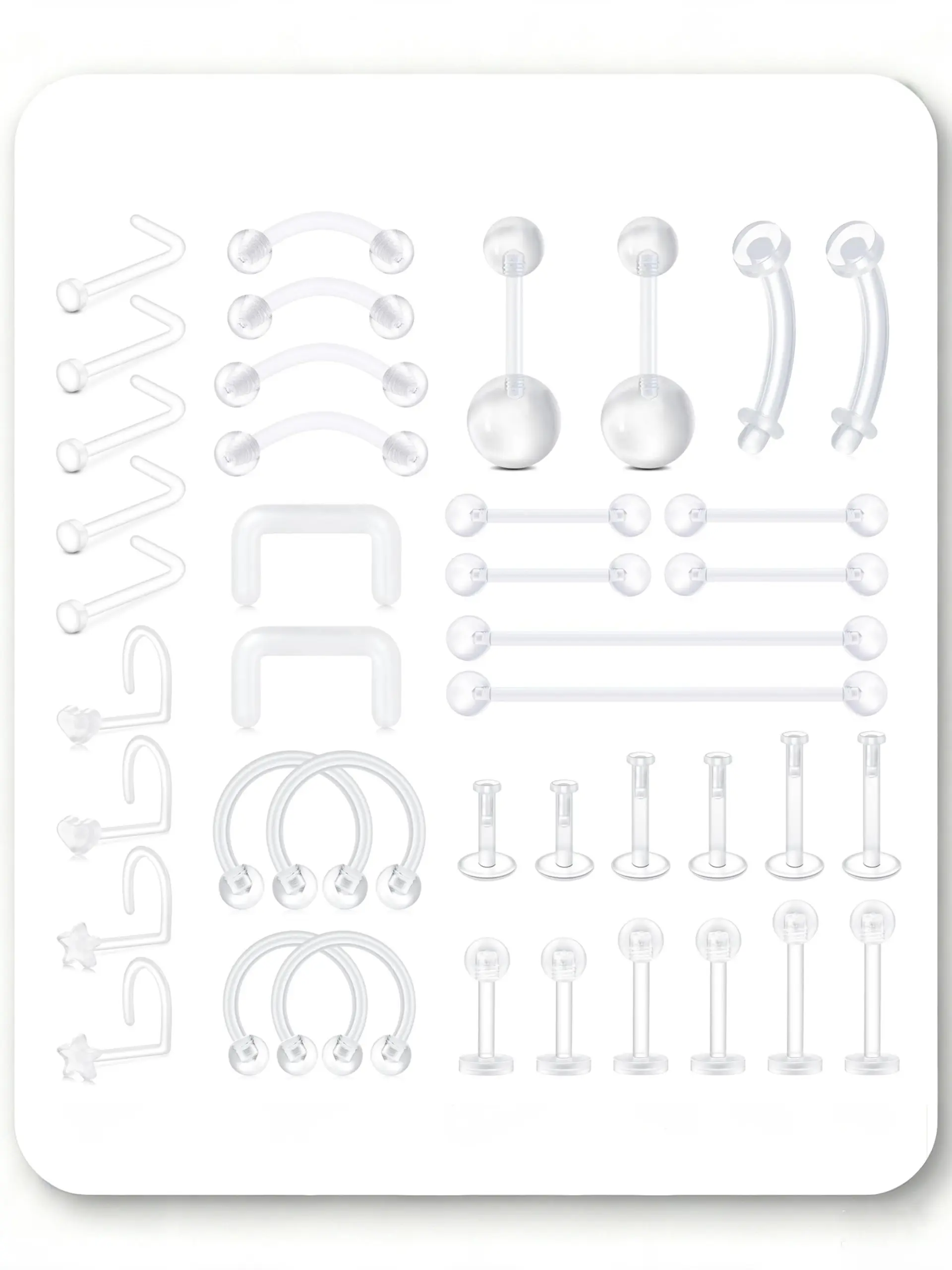 41Pcs Piercing Retainers Set Clear Plastic Invisible 18G 16G 14G Multi-Purpose for Nose Septum Lip Eyebrow Nipple Tongue Navel Belly Ear Cartilage Industrial Barbells Women Men Healing Sports Work Back to School