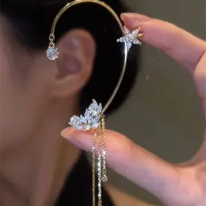 2026 New Star Tassel Ear Cuffs Inlaid Rhinestone Wheat Ear Design, Fresh Clip On Earrings For Women Without Pierced Ears
