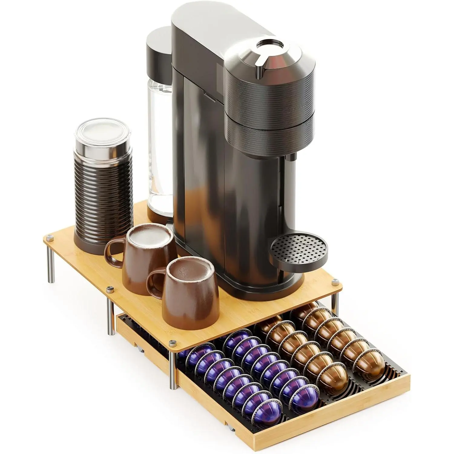 Bamboo Coffee Pod Holder Drawer Storage Compatible with Nespresso Vertuo Capsules, Coffee Station Accessories Holder Organizer Tray Compatible with 40 Big or 56 Small Pods, Natural