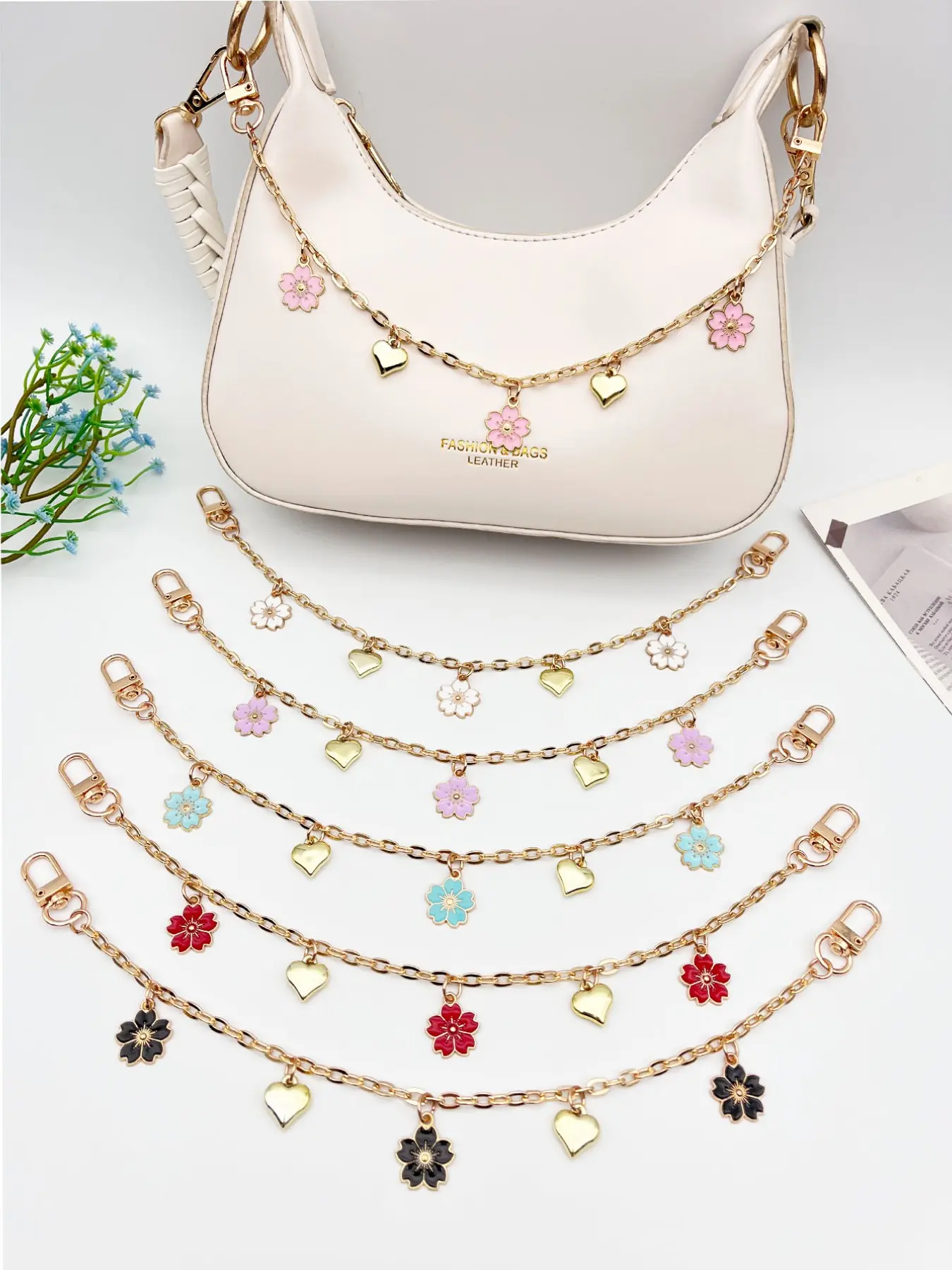 Heart Cherry Blossom Bag Charm, Sweet Style Travel Bag Pendant, Alloy Chain Shoulder Bag Accessory, Resin Flower, Floral Charm, Multiple Colors, Festival Gift