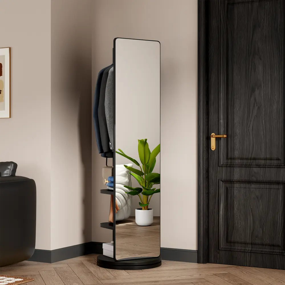 Littleox 360° Rotating 69"x20" Multifunctional Full Length Mirror with Hook Storage Rack Coat Rack with Mirror Solid Wood Floor Mirror Bedroom Living Room Cloakroom Space Saving (black)