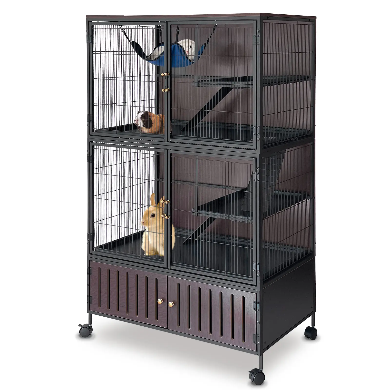 5-Tier Large Ferret Cage with Wheels, Multi-Level Chinchilla Habitat with Hammock & Ramps, Sturdy Metal Wire Cage with Storage Cabinet, Easy Clean Trays, Indoor Small Animal Cage for Guinea Pigs Sugar Gliders