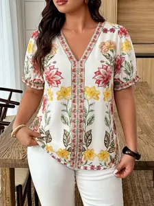 Plus Size Women's V Neck All Over Print Casual Shirt, Comfortable Loose Lantern Sleeve Pleated Design, Ideal for Daily Wear and Travel, Garden Party