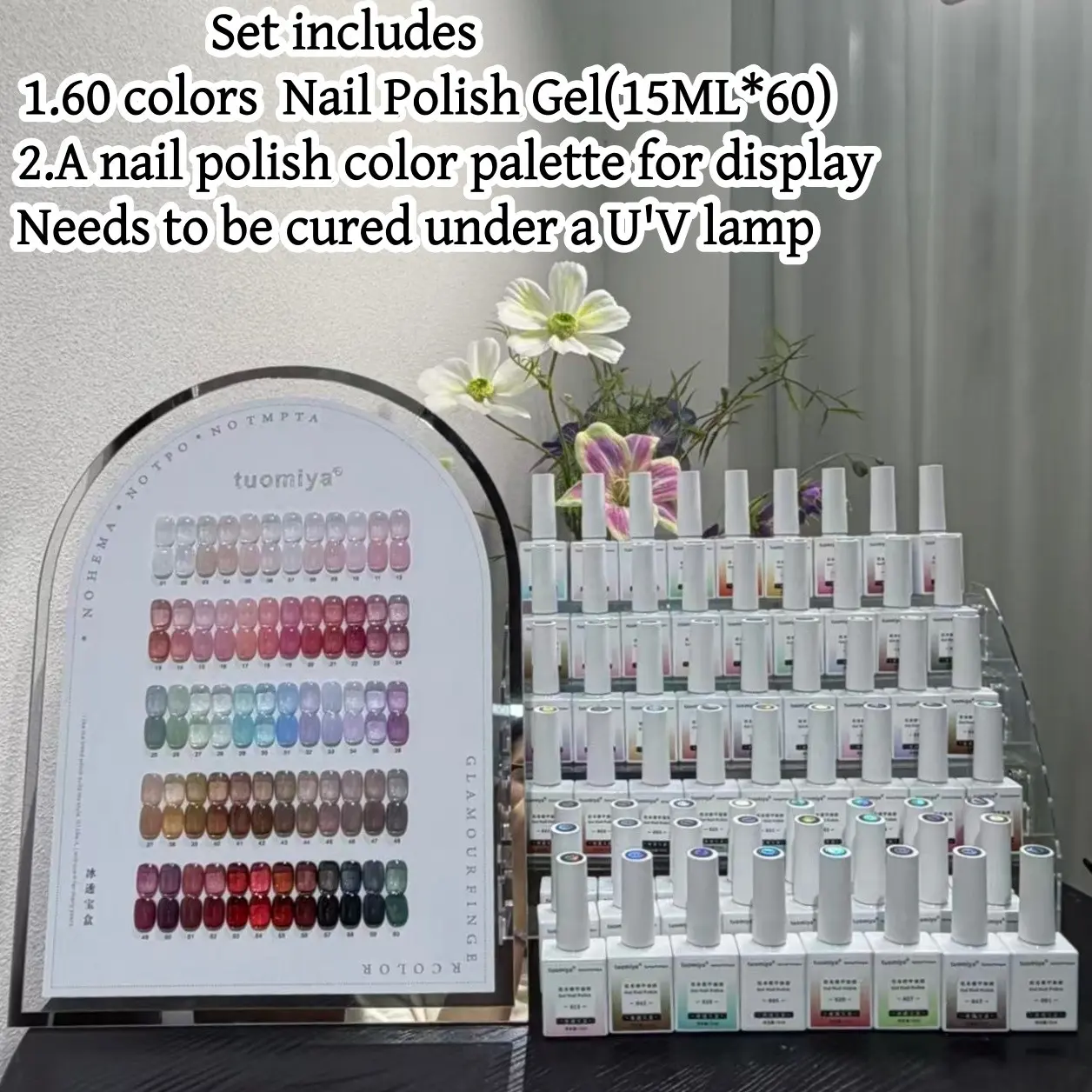 Tuomiya 60-Color Nail Polish Gel Set, Includes Color Palette, Perfect Gift for Manicure Shops, Transparent Gel Lacquer, UV