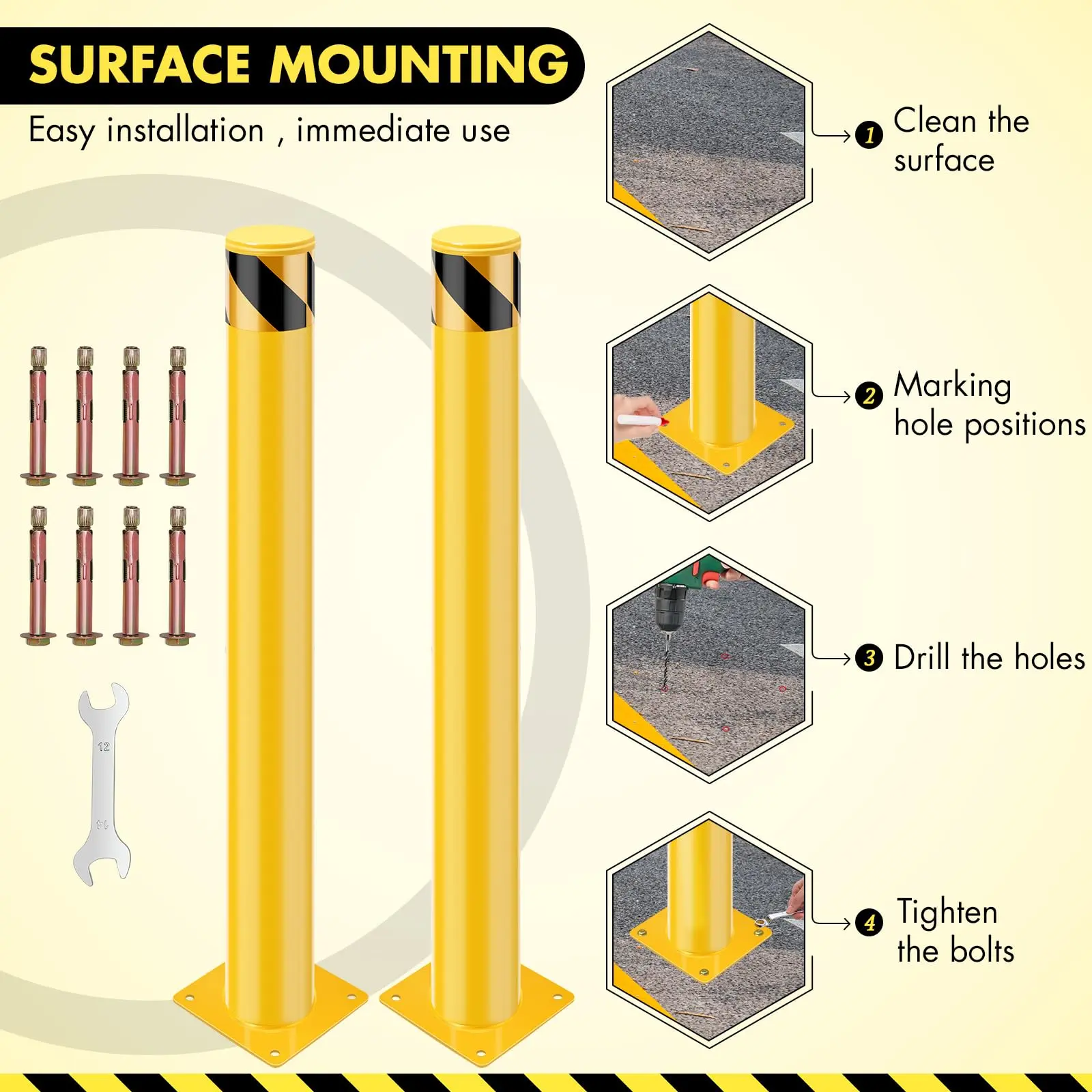 【Garvee】Heavy Duty Yellow Steel Safety Bollard Posts (Set of 4, 42" x 4.5" - 42 inches, 8x8-inch Base Plate) - Reflective Strips, All-Weather Performance, Impact-Resistant Business Barrier, Includes 16 Anchor Bolts