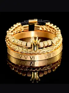 Men's 3pcs stainless steel braided bracelet set, vintage crown bangle with pineapple beads & cubic zirconia, engraved Roman numeral titanium steel band. Multi-color metal finish, waterproof durable men jewelry, ideal gift for boyfriends & dads.