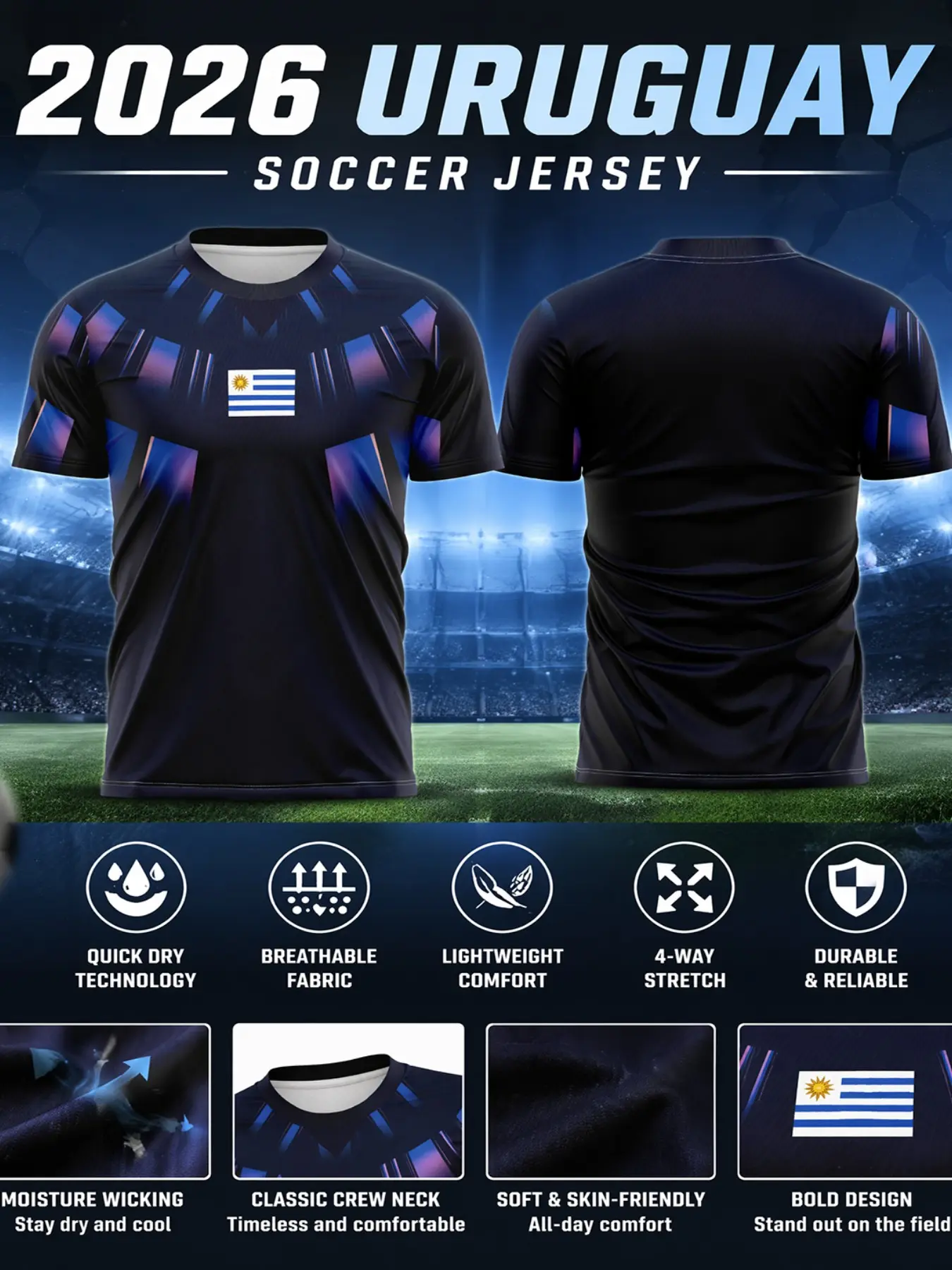 2026 Uruguay Men's Navy Gradient Soccer Jersey, Bold Blue Geometric Print, Quick-Dry Breathable Mesh, Sporty Slim Fit, All Seasons