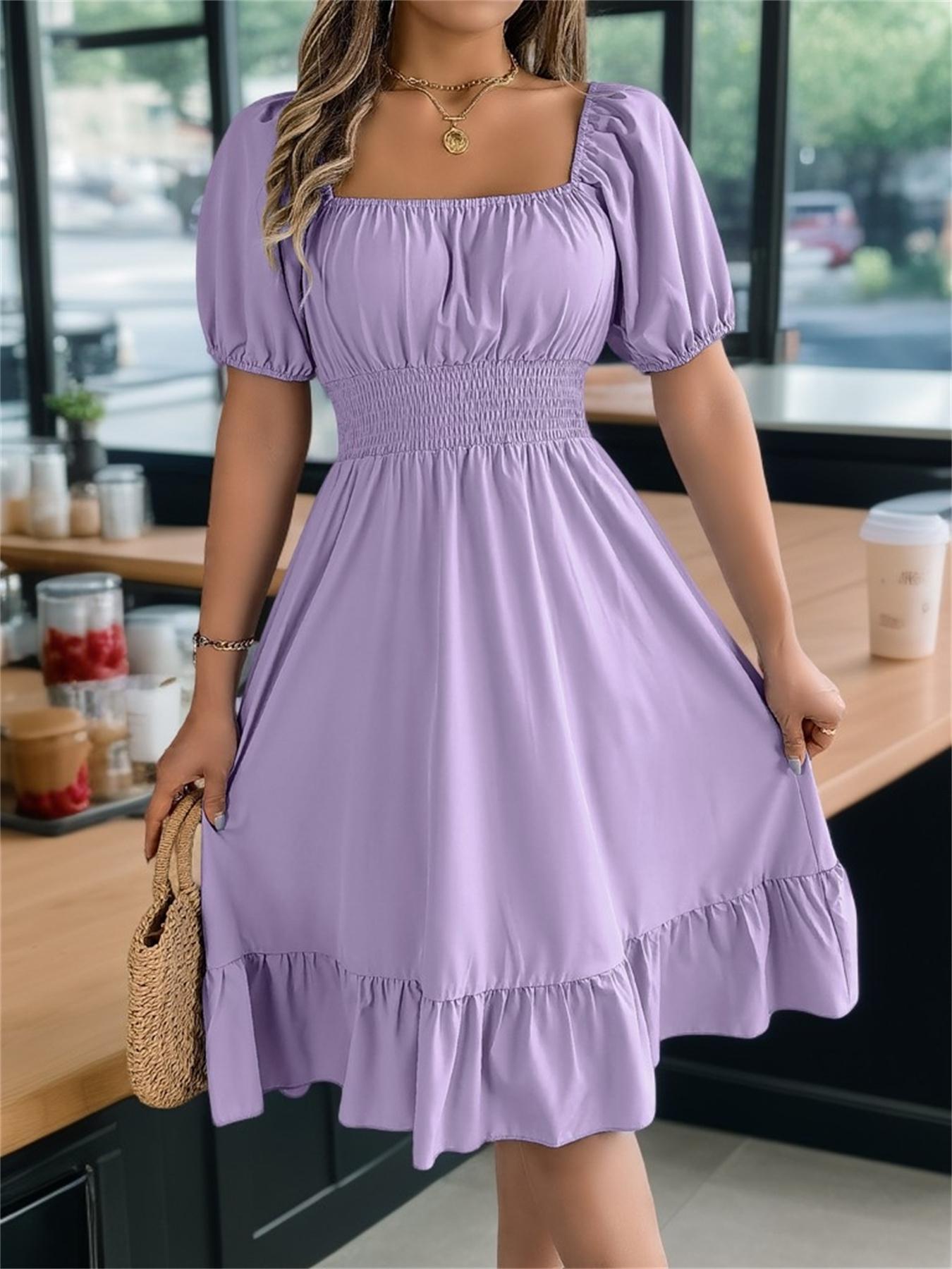 Women's Plain Ruffle Hem Shirred A Line Dress, Casual Fashion Dress, Casual Puff Sleeve Square Neck Knee Length Dress for Summer, Women's Clothing for Daily Wear