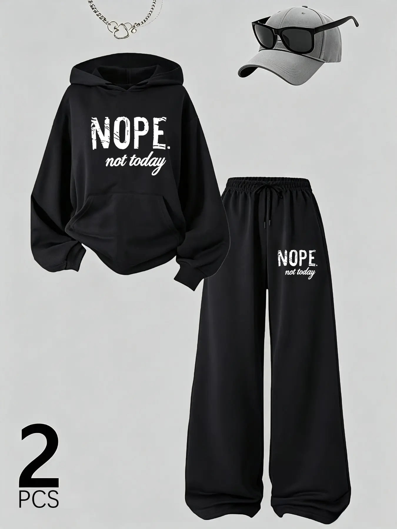 Nope Letter Print Hoodie and Wide Leg Pants Set, Casual Loose Fit, Unisex, Fall Winter, Soft Breathable Fabric, Street Style