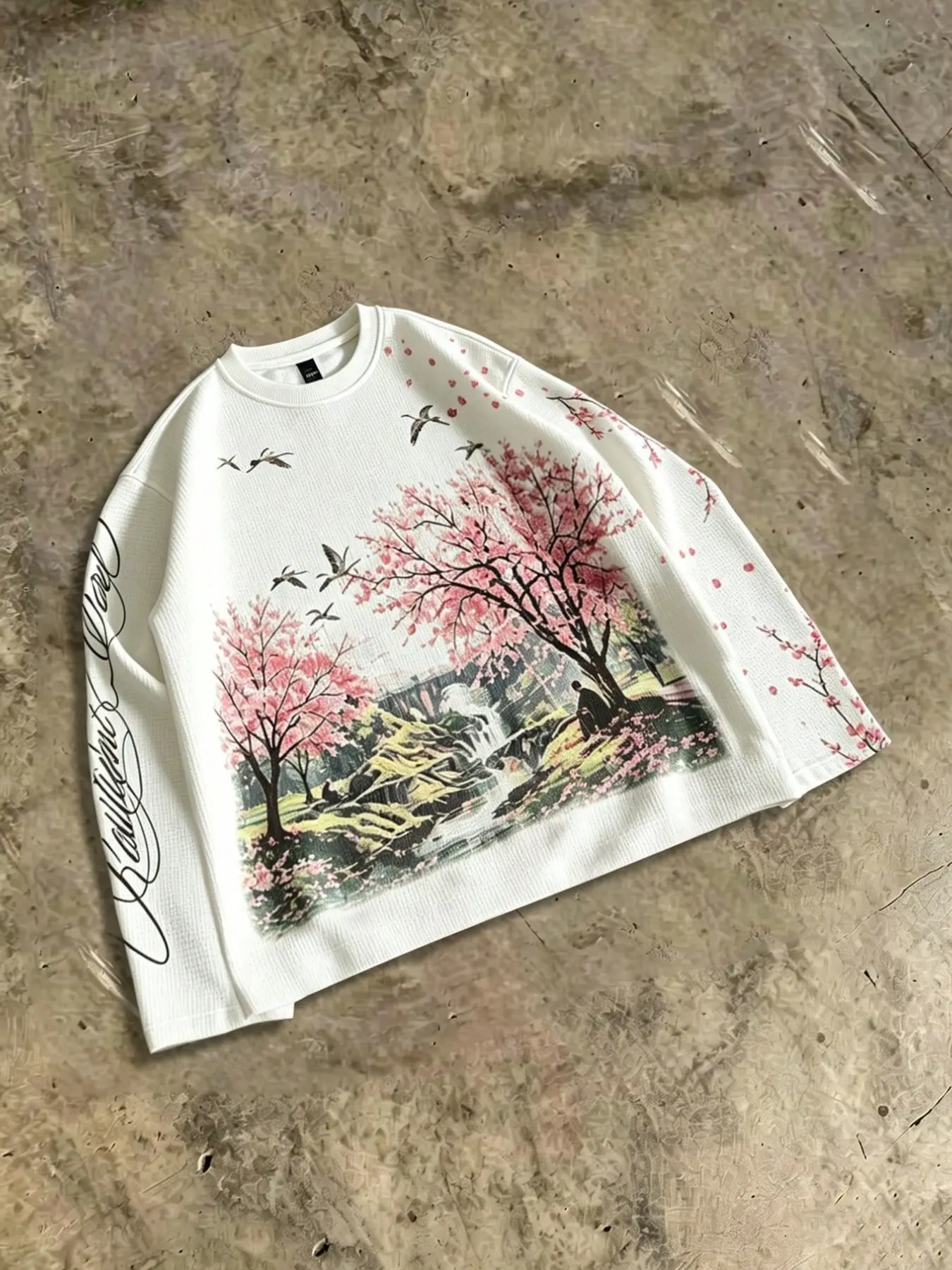 Vintage Japanese Cherry Blossom Graphic Waffle Knit Crewneck Sweatshirt | Oversized Streetwear Crane Print Long Sleeve Sweater for Casual Daily Wear