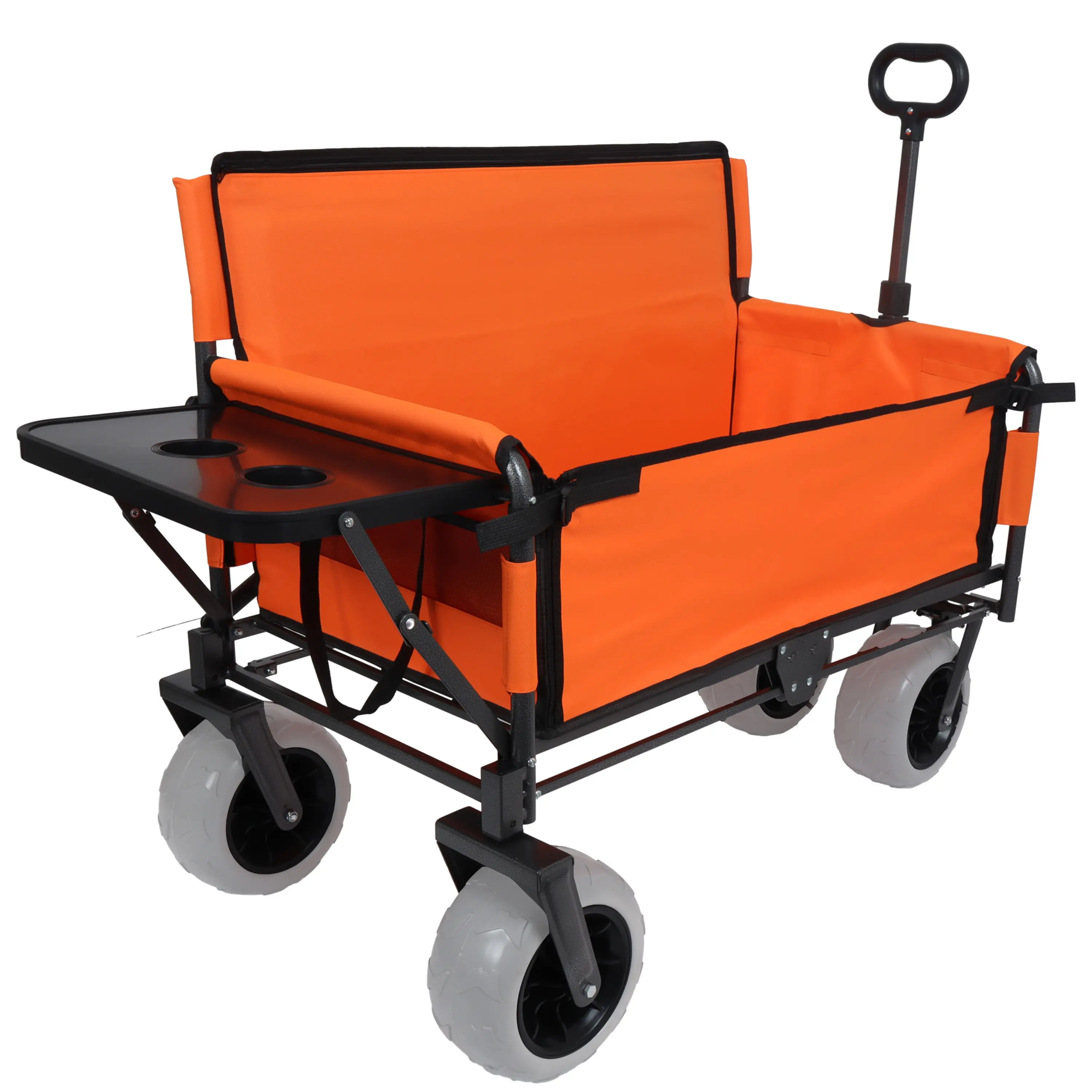 ARCH 3-in-1 Folding Wagon with Bench Seat & Rear-Mounted Folding Tabletop, 500lbs Capacity, 9x4 Beach Tires for Camping, Beach, Tailgate, Outdoor Activities, Orange Heavy Duty Utility Cart, Living Room Table for Sofa Side, Bedroom, Office