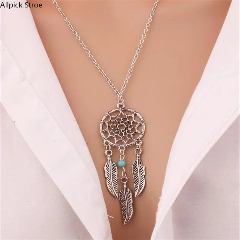 Ethnic Boho Dreamcatcher Necklace for Women, Gold-Tone Spiritual Mandala Lotus Pendant with Feather Charms, Hippie