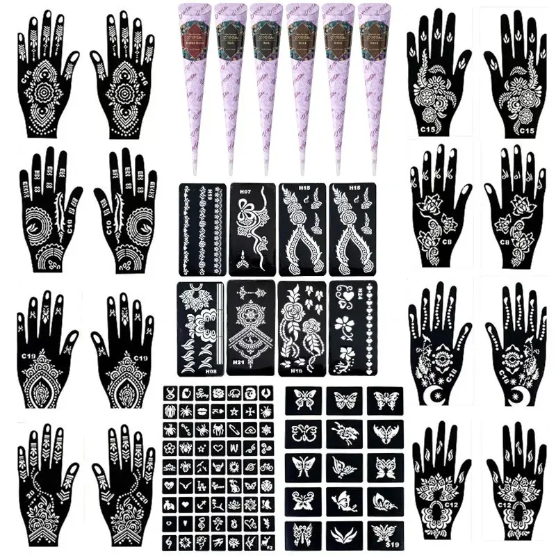 Natural henna temporary tattoo kit includes plant ink, hollow stencils & tattoo stickers. Waterproof safe body paint for men & women, perfect for DIY body art and party temporary tattoos.