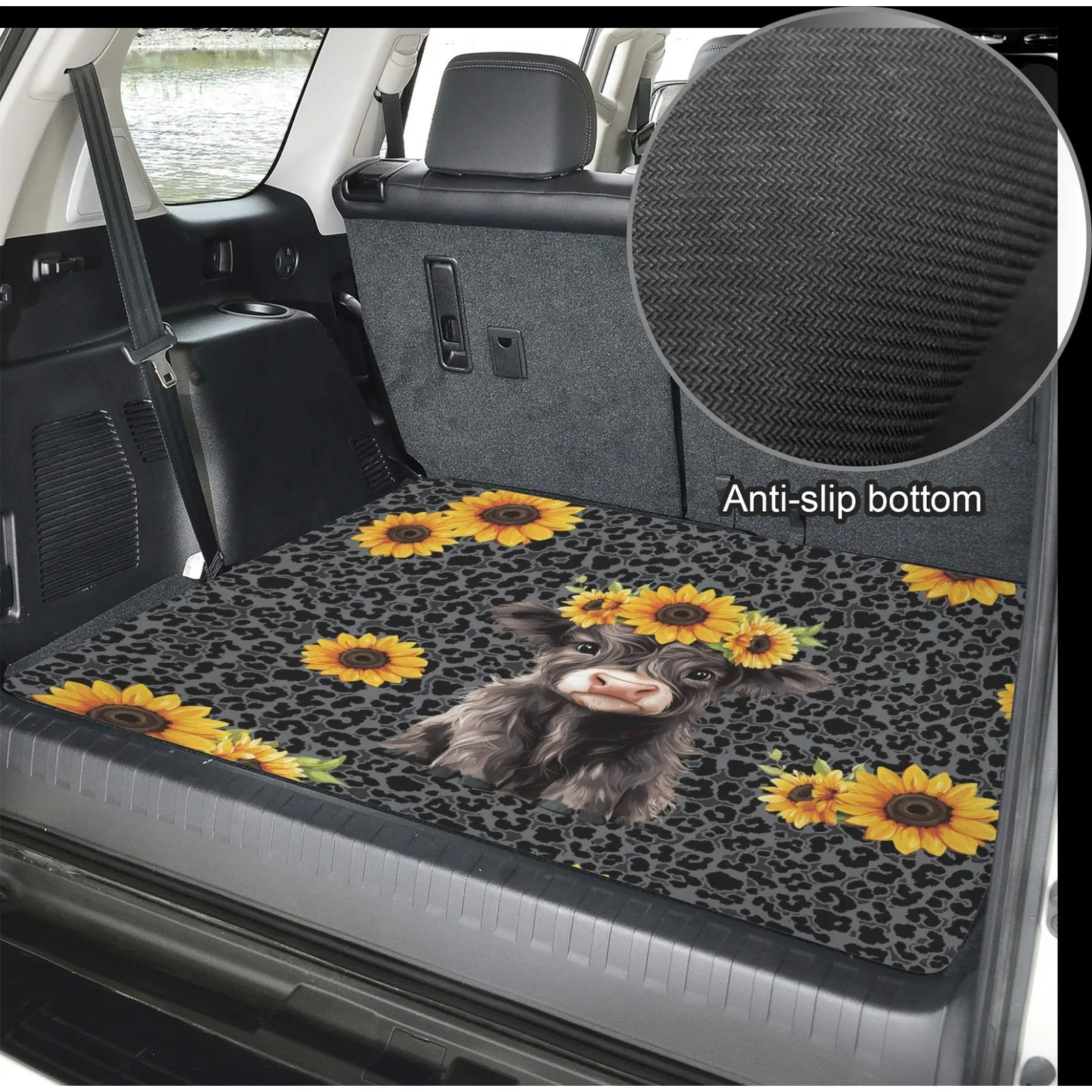 Highland Cow Sunflower Print Car Trunk Mat - Rubber Protective Cargo Liner, Western Boho Waterproof Anti-Slip Pad, Nonwoven Wear-Resistant, Dustproof Washable, Standard Size Universal for Sedan SUV, Farmhouse Camping Gear, Road Trip