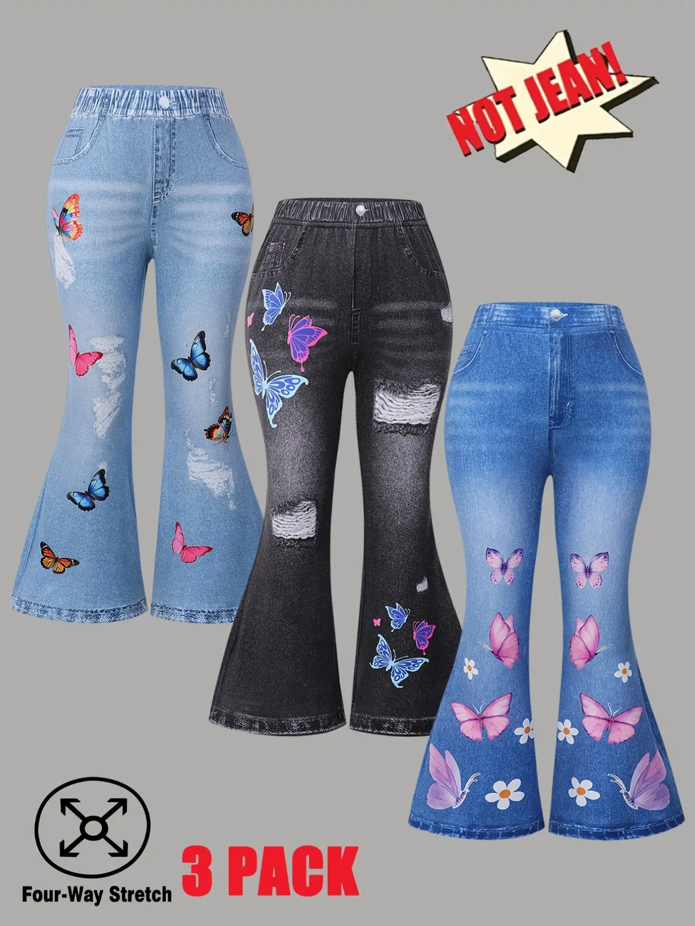 3-Pack Girls' Imitation Denim Bell Bottoms, Bell Bottom Design, Butterfly Print Flare Pants, Soft, Comfortable Knit Pants, Perfect for Festive Parties and Gifts