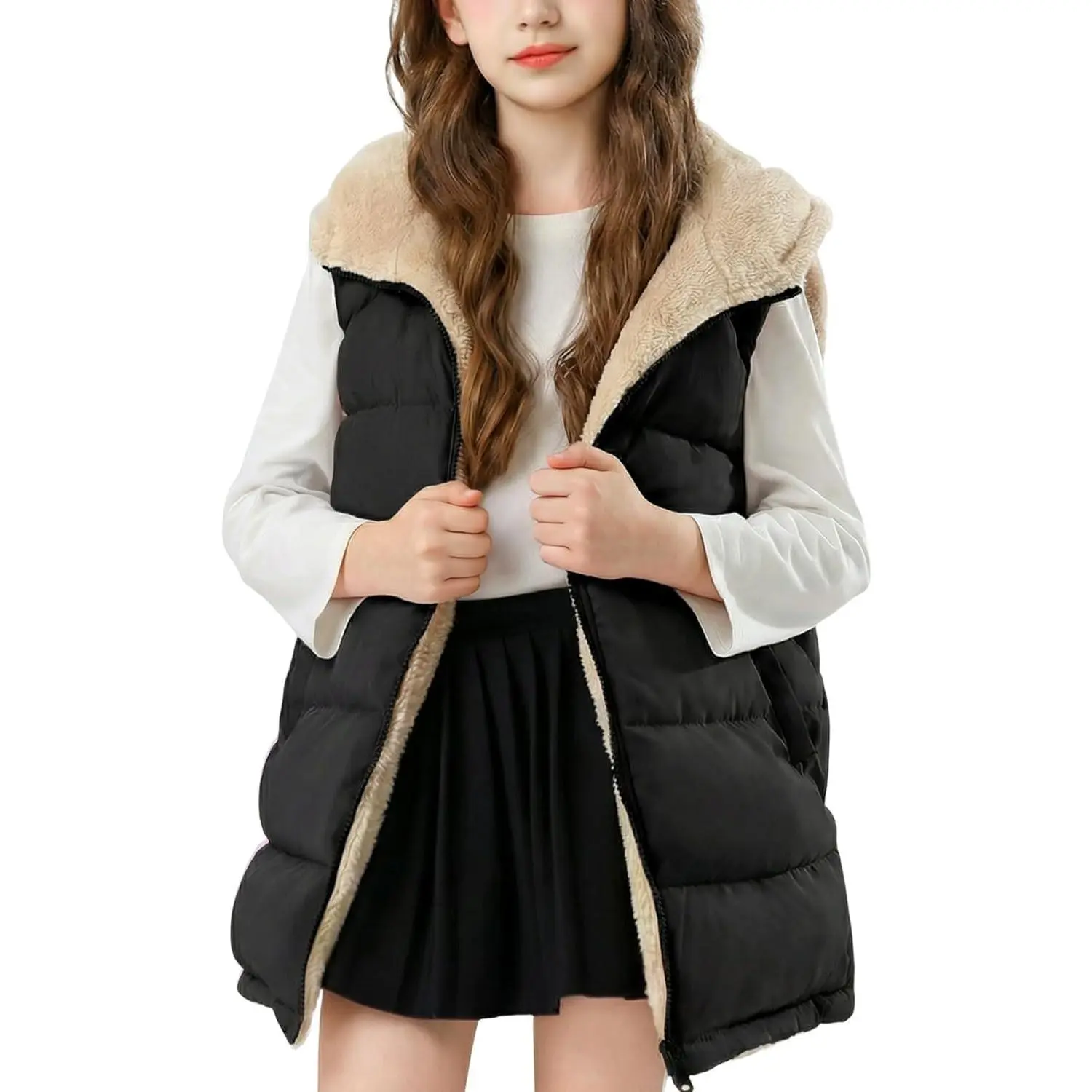 Girls Warm Puffer Vest Fleece Lined Long Hooded Vest Winter Zip Up Sleeveless Quilted Vest
