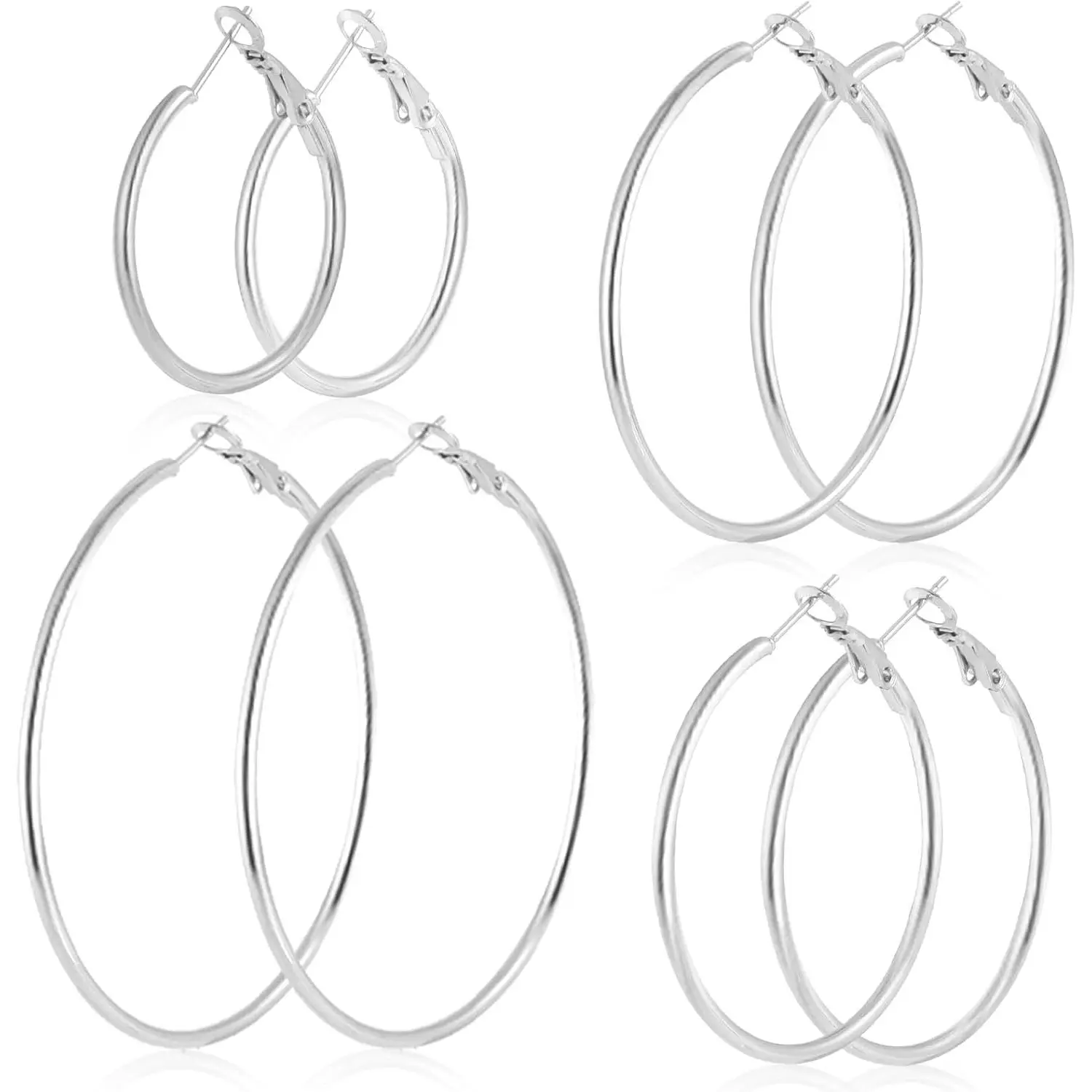 4 Pairs Stainless Steel Hoop Earrings Set for Women  | , 30 40 50 60 mm, Small Medium Large Size, Thin, Lightweight
