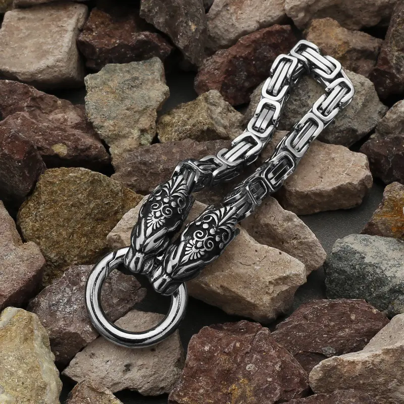 Men's Viking Wolf Head Stainless Steel Link Chain Bracelet - Heavy Curb Charm Bangle, Gothic Punk Sports Wristband, Party Gear, Biker Streetwear Birthday Gift for Boyfriends