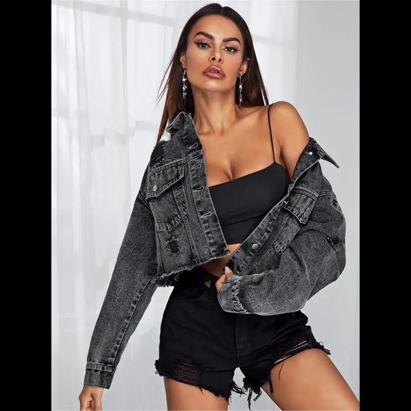 New Women's Fashion Trendy Classic Ripped Versatile Denim Jacket, Fitted Style, Zipper Fly Closure, Perfect for Spring Black Coats