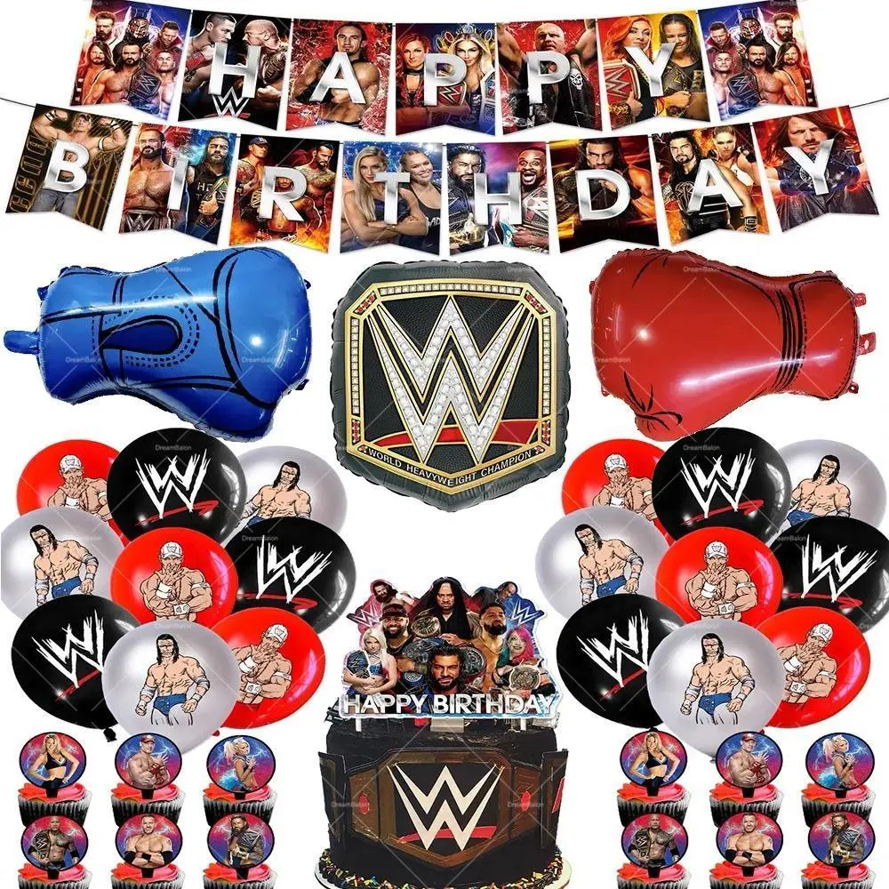 WWE World Wrestling Latex Balloons Waistband Happy Birthday Party Decorations Boy Favors Banner Cake Toppers Foil Boxing Ballons