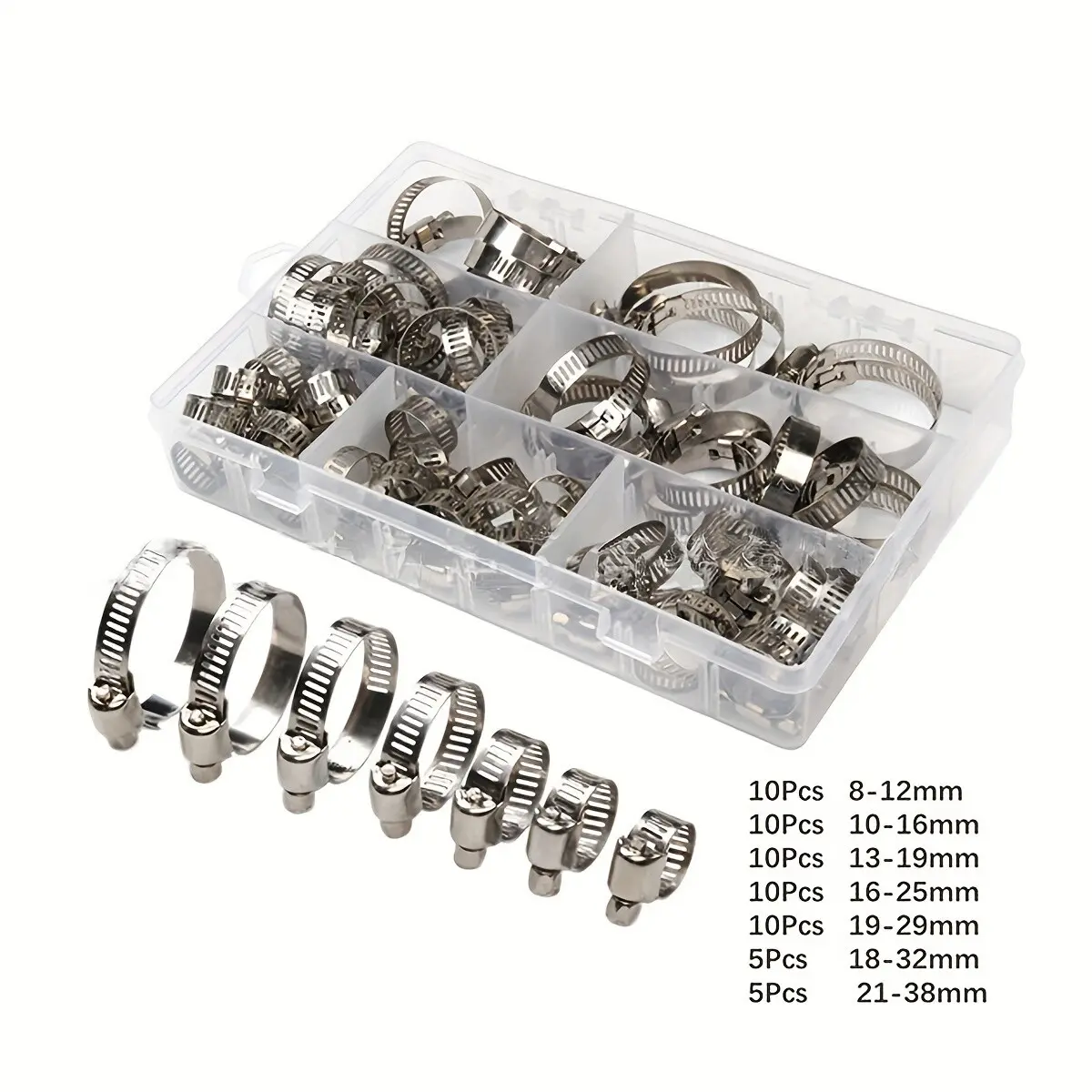 60PCS Stainless Steel Worm Gear Hose Clamp Kit, Anti-Rust Assorted Sizes Assortment for Hose Securing (Millimeters Measurement Markings)