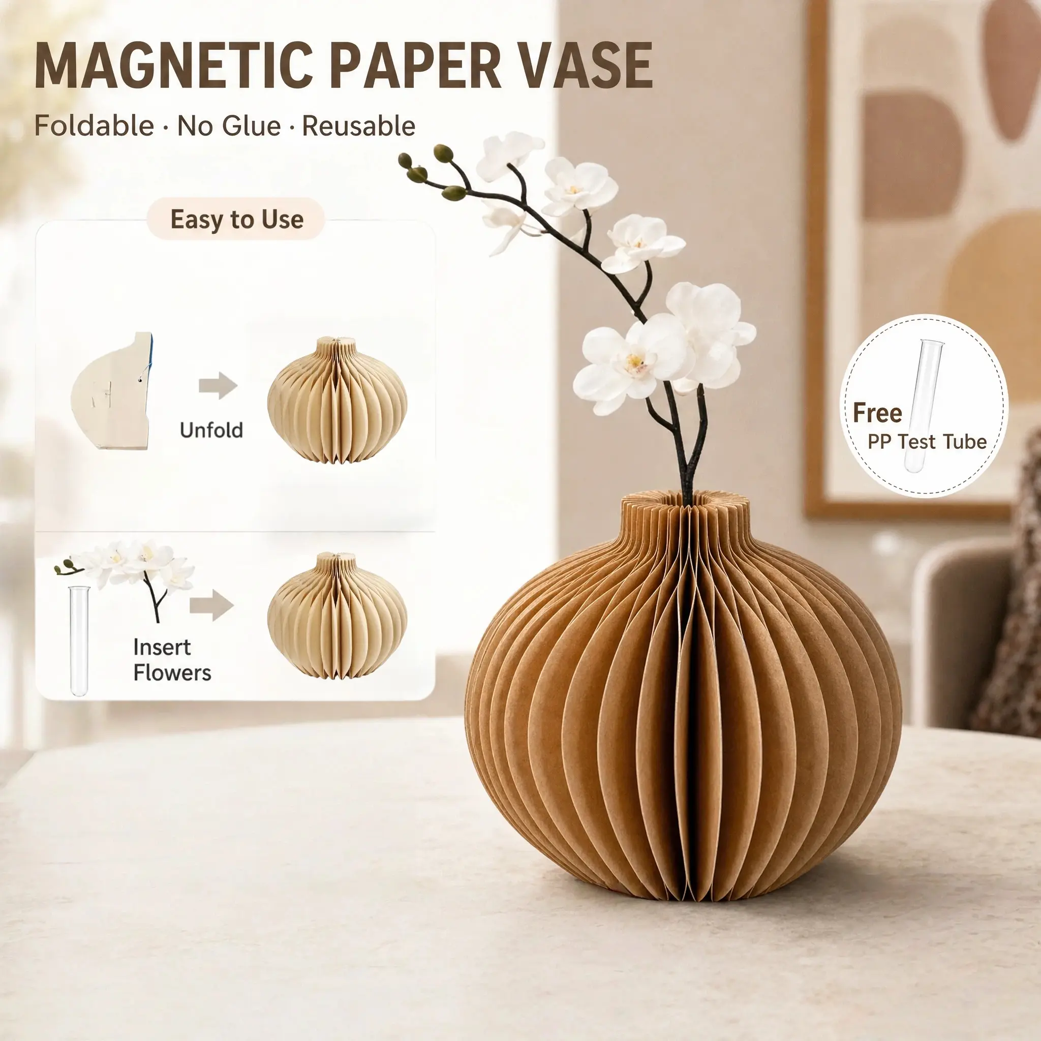 Paper Honeycomb Magnetic Vase, Decorative Vase, Modern Home Decor, Artistic Foldable Vase, Reusable No Adhesive, Table Wedding Birthday Decoration