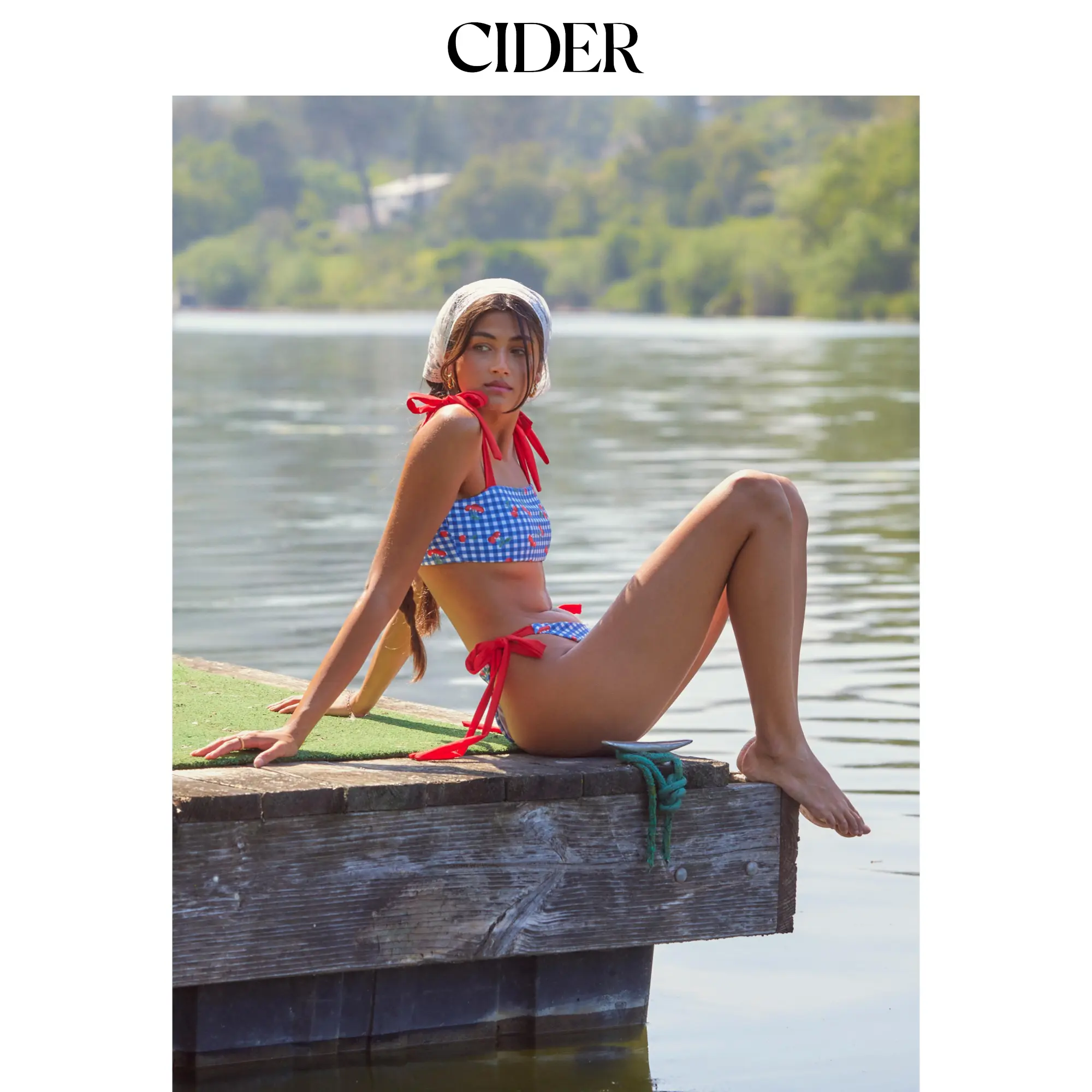 Cider Square Neck Check Cherry Graphic Knotted Bracelet Tie Side Bikini Swimsuit