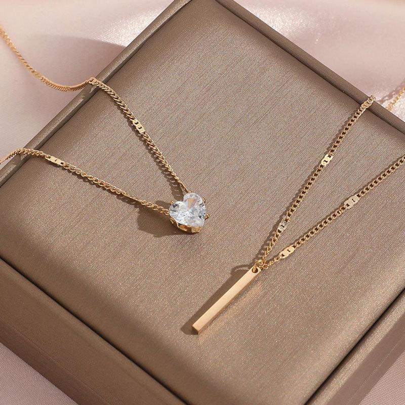 Gold Layered Heart CZ Pendant Necklace for Women, Dainty Double Chain Necklace