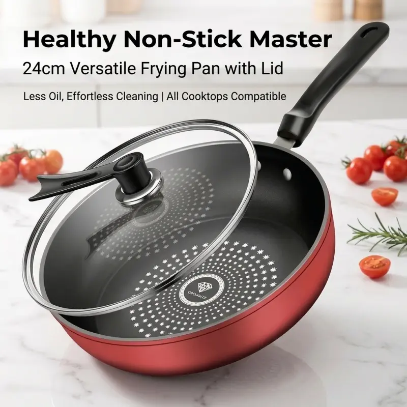 24cm Non-Stick Frying Pan with Glass Lid - Frying Pans Nonstick, Nonstick Pan, Healthy Red Cookware, Less Oil & Easy Clean, Compatible with All Stovetops for Everyday Cooking