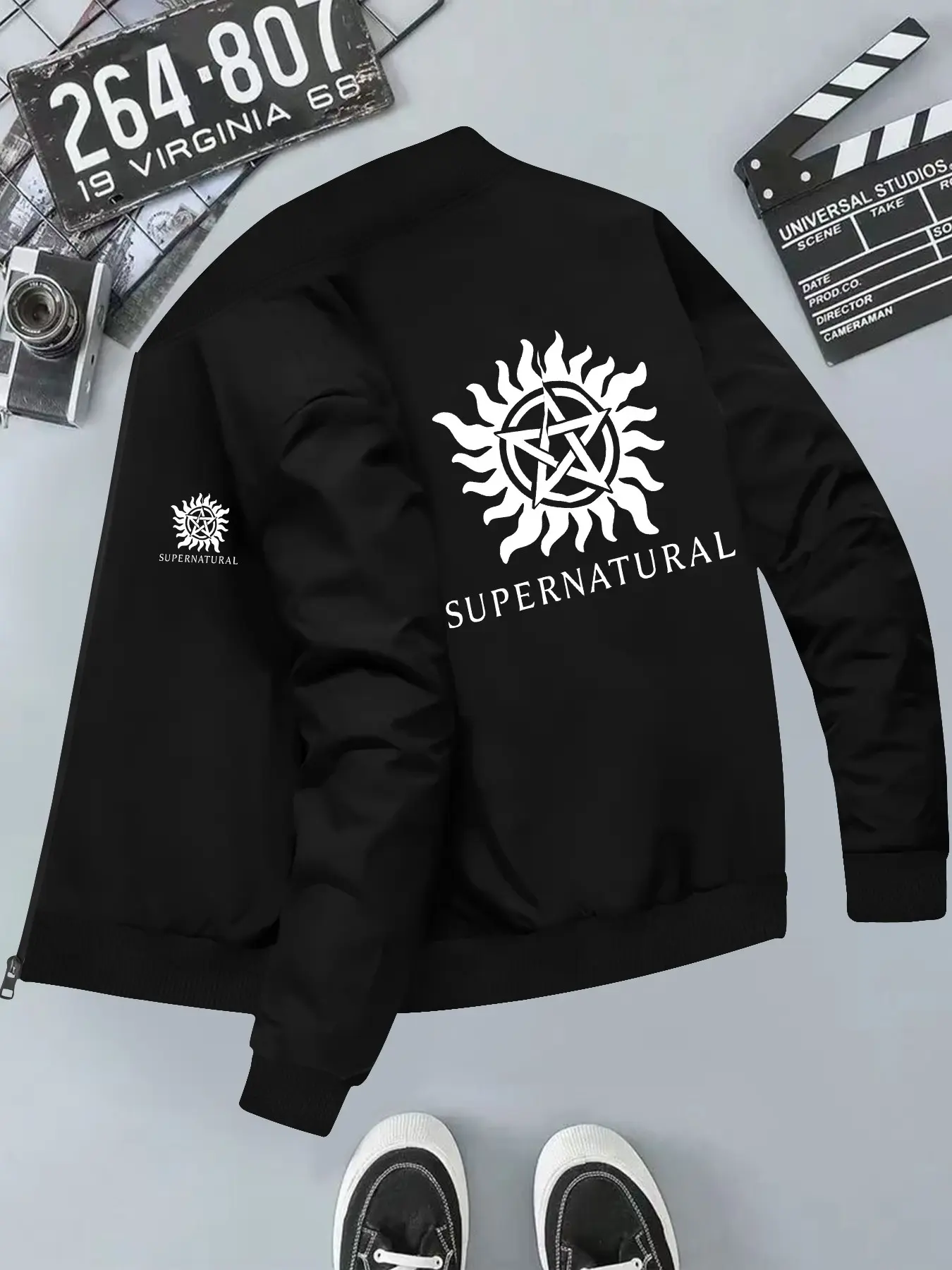 Men's Hooded Casual Jacket with Supernatural Pattern Print, Long Sleeve Loose-Fit Streetwear Outerwear for All Seasons, Geometric Style