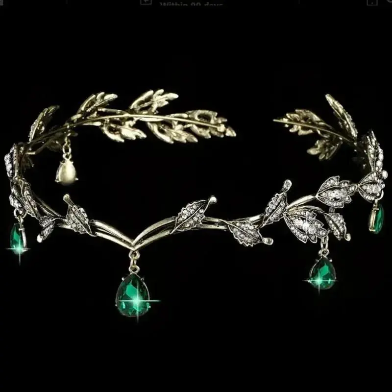 Female Vintage Bronze Green Jade Fairy Style Sparkly Crown Headpiece, Crystal Leaf Elf Hairband, Little Fairy Women's Costume Hair Jewelry, Fairy Crown