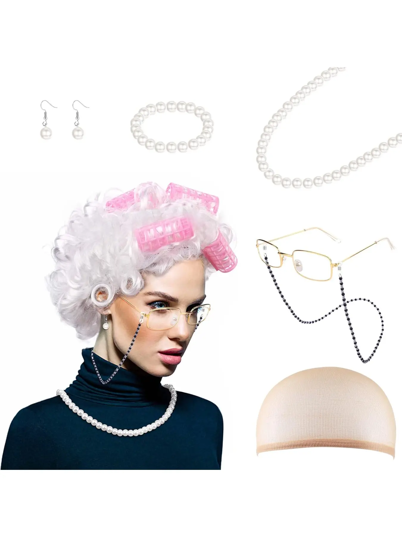 11 Pieces Old Lady Costume Cosplay Set, Grandma Wig Cap Granny Glasses Chain Cords Pearl Beads Necklace Earring Hair Curler, Christmas Halloween Old Lady Wig Fits All White, Accessories