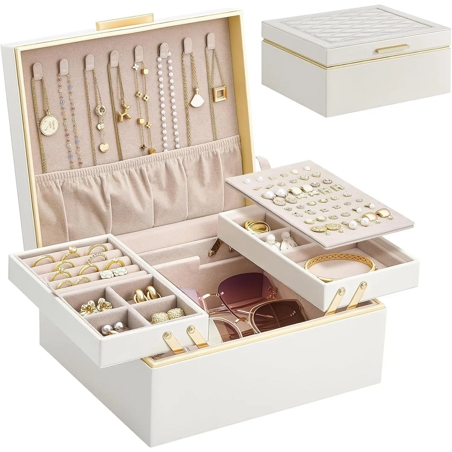 Jewelry Box Organizer for Women Girls, 2 Layer Jewelry Organizers and Storage for Necklace Earrings Rings Bracelets, Large Jewellery Holder Case Birthday Gifts -Cream