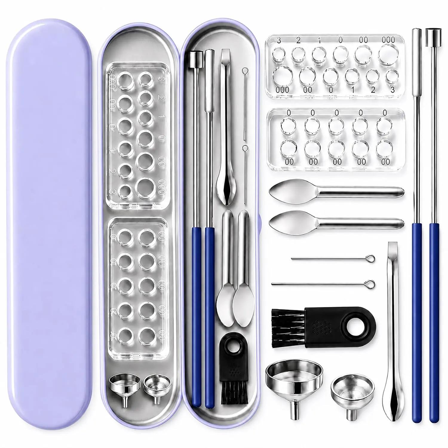 Capsule Filling Machine Tray Kit - 12-Piece Powder Filling Tools - Household and Laboratory Supplies| Capsule Holder and Press Tool - Empty Capsule Making Tools - Small Spoon, Scraper, Micro-Spoon, Funnel - Quick Filling#000 00 0 1 2 3
