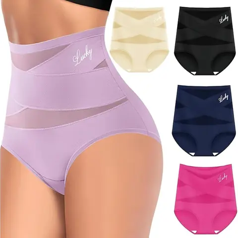 Women's High-Waist Seamless Mesh Panties 5-Pack Value Set, High Cut Criss Cross Modest Polyamide Briefs with Light Tummy Control, Body Slimming, Letter Print, Elastane, Machine Washable, Minimalist Uniform Design, Holiday Womenswear Basic